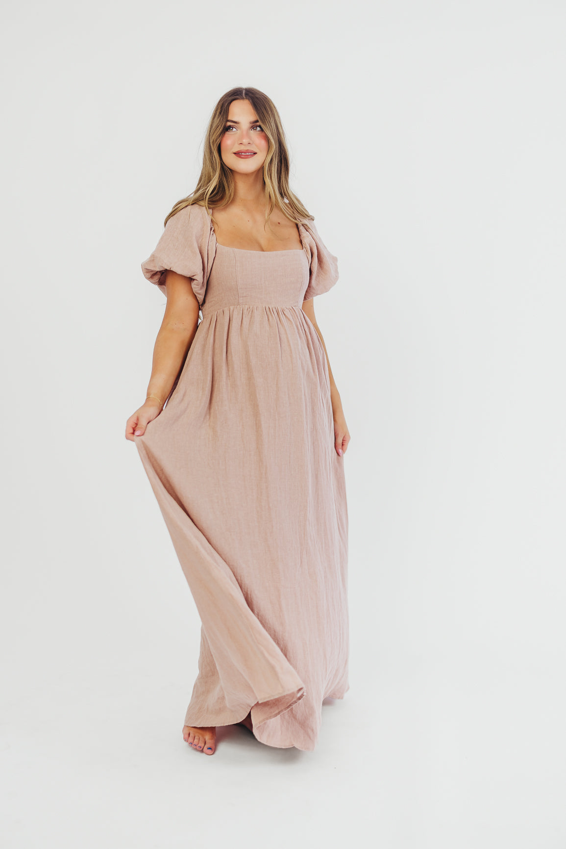 Elegant Candace Maxi Dress in Dusty Rose - 100% Breathable Linen, Bump-Friendly Maternity Dress for Women - Perfect for Summer Weddings, Beach Vacations & Casual Outings