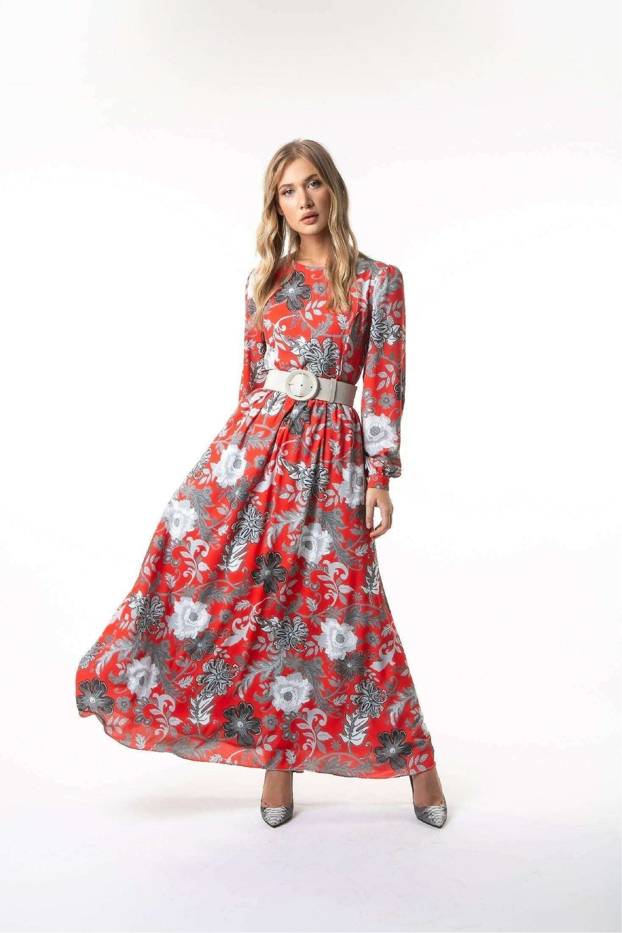 Kelly Floral Long Maxi Dress with Long Sleeves - Elegant Boho Summer Dress for Women, Beach Wedding Guest Outfit, Vacation & Party Wear