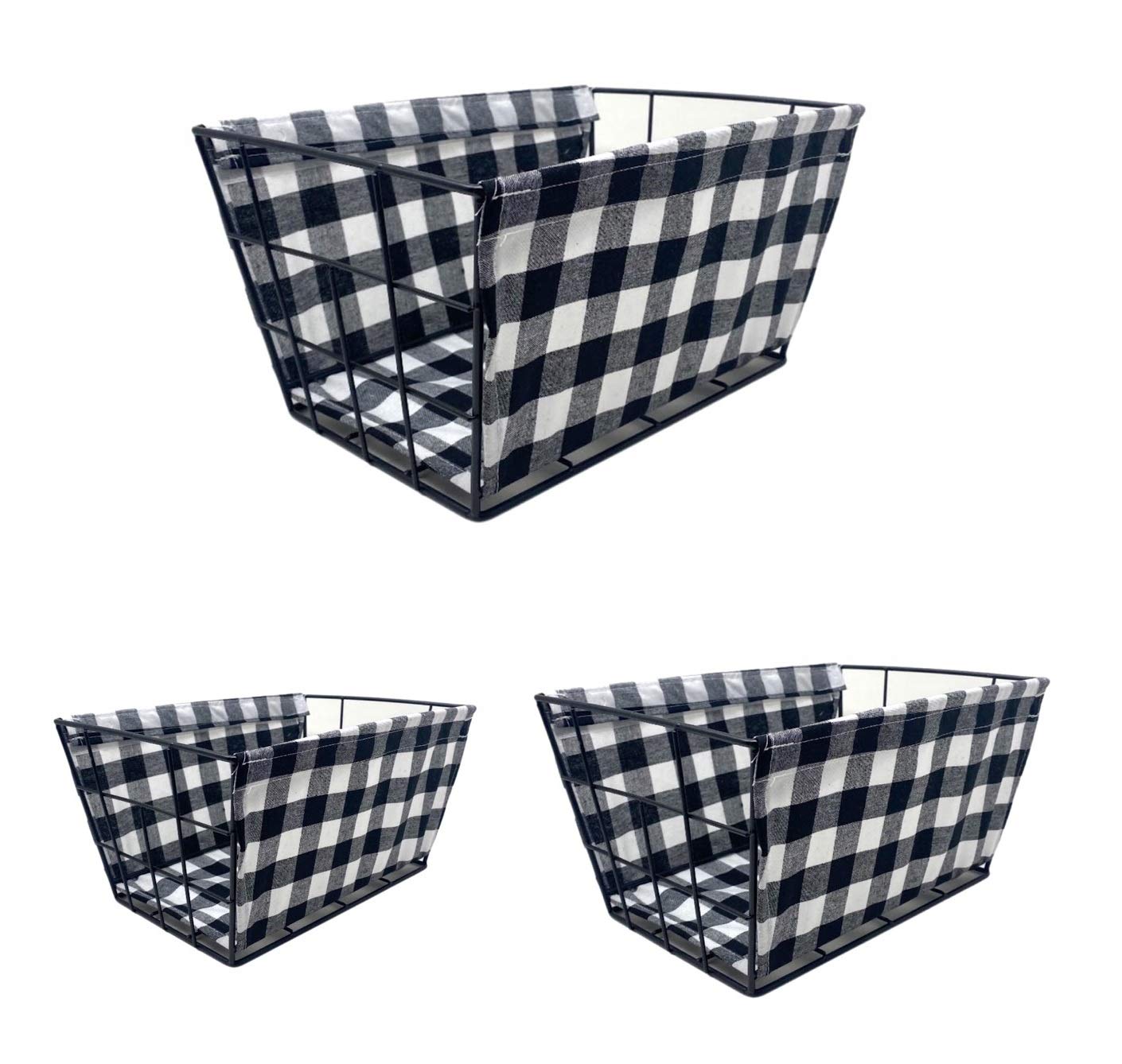 Farmhouse Storage Baskets Set of 3 with Liner - Rustic Home & Kitchen Organization Bins for Pantry, Bathroom, or Nursery Decor (Plaid Design)