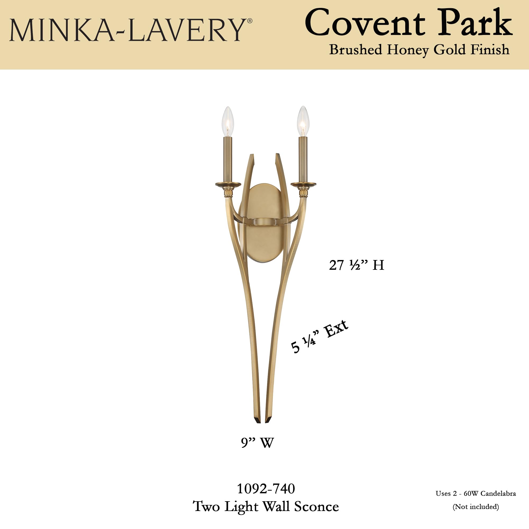 Minka Lavery 1092-740 Covent Park Torchiere Candle Wall Sconce - 2-Light 120W Brushed Honey Gold Wall Light Fixture (28
