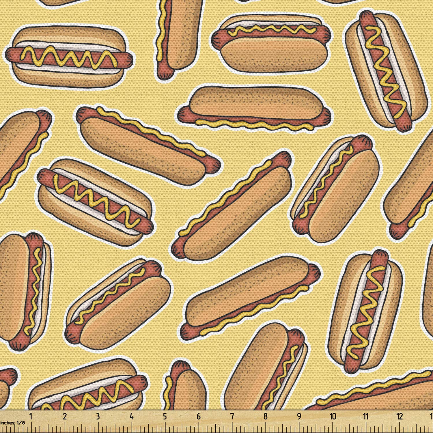 Ambesonne Hot Dog Print Fabric by The Yard - Fast Food Sausage Bread Mustard Pattern for Upholstery, DIY Projects & Home Decor | Perfect for Curtains, Pillows & Table Runners (Mustard & Almond Color)