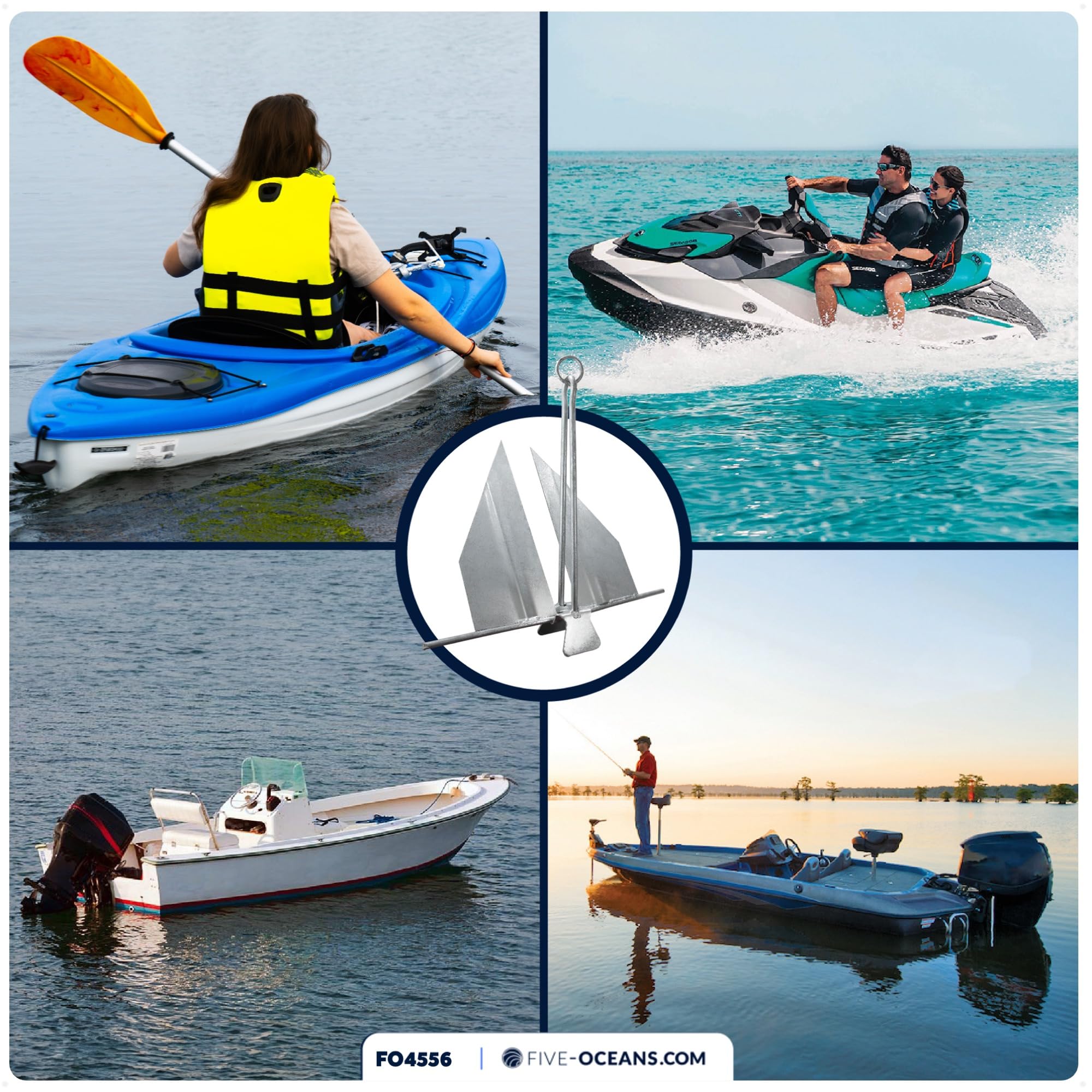 Five Oceans Heavy-Duty Galvanized Steel Fluke Boat Anchor with Slip Ring - Perfect for Kayaks, Dinghies, Paddleboards, Canoes & Personal Watercraft (Multiple Sizes Available) - Ideal for Fishing, Boating & Water Sports Adventures
