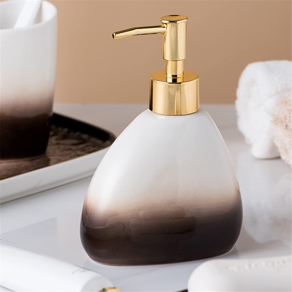 Ceramic Toothbrush Holder & Mouthwash Cup Set - Bathroom Organizer with Shampoo Dispenser for Countertop Storage | Modern Toilet Decor Accessories for Home, Apartment & Guest Bathroom Organization