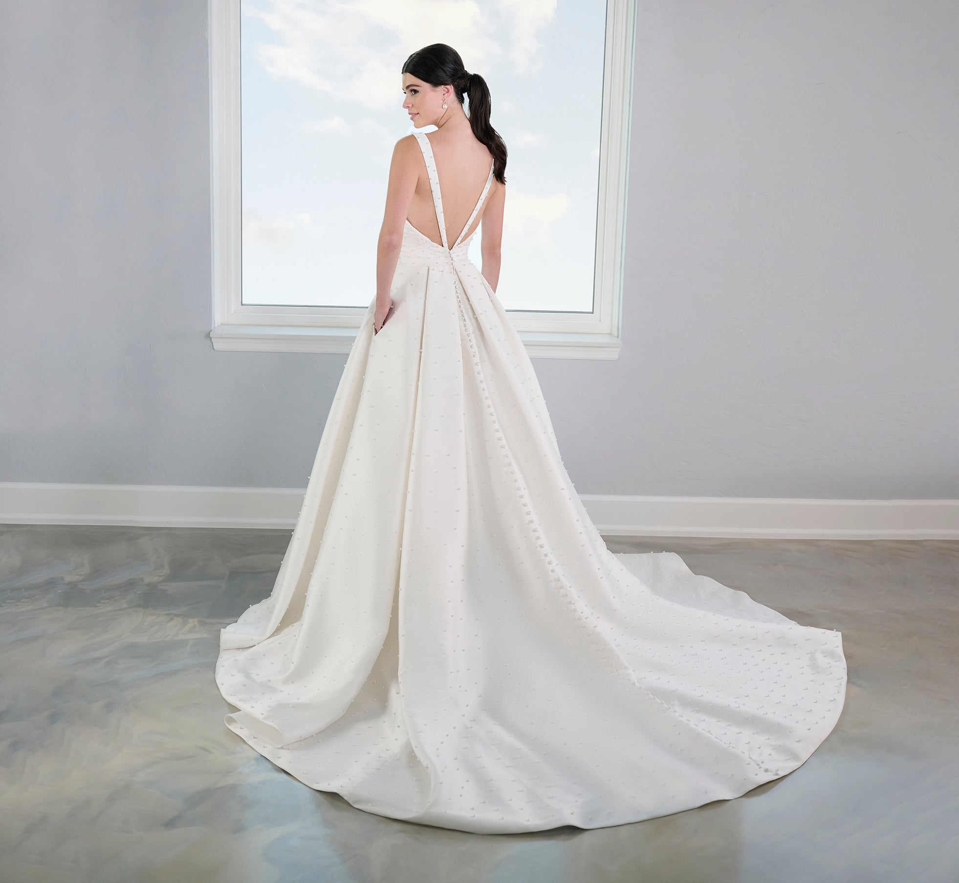 Ivory Nude Pearl Studded Mikado A-Line Gown - Elegant Wedding Dress for Brides, Formal Events & Special Occasions