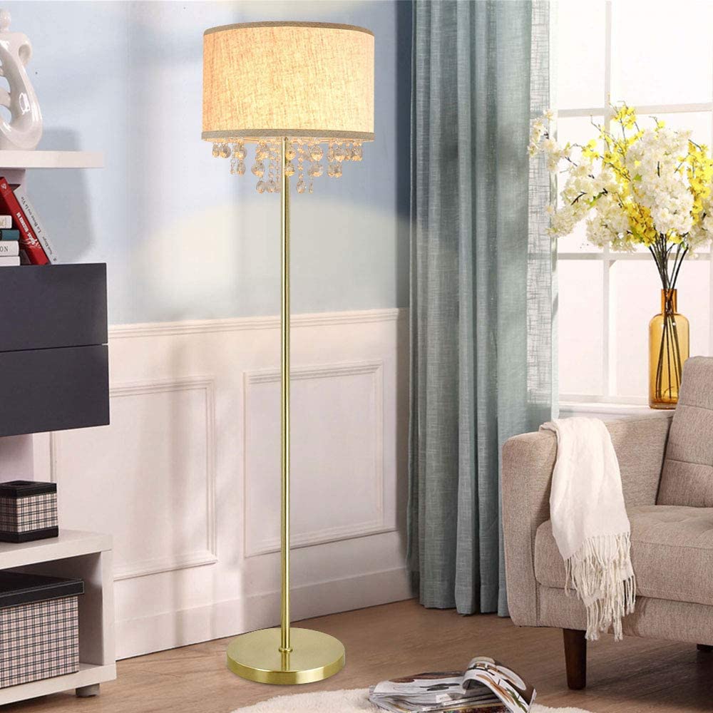 DLLT Modern LED Floor Lamp with Crystal Accents - Elegant Standing Light for Living Room, Bedroom & Study - Mid Century & Farmhouse Style - Adjustable Tall Pole with Fabric Drum Shade - Brass Finish - Perfect for Reading, Relaxing & Home Decor