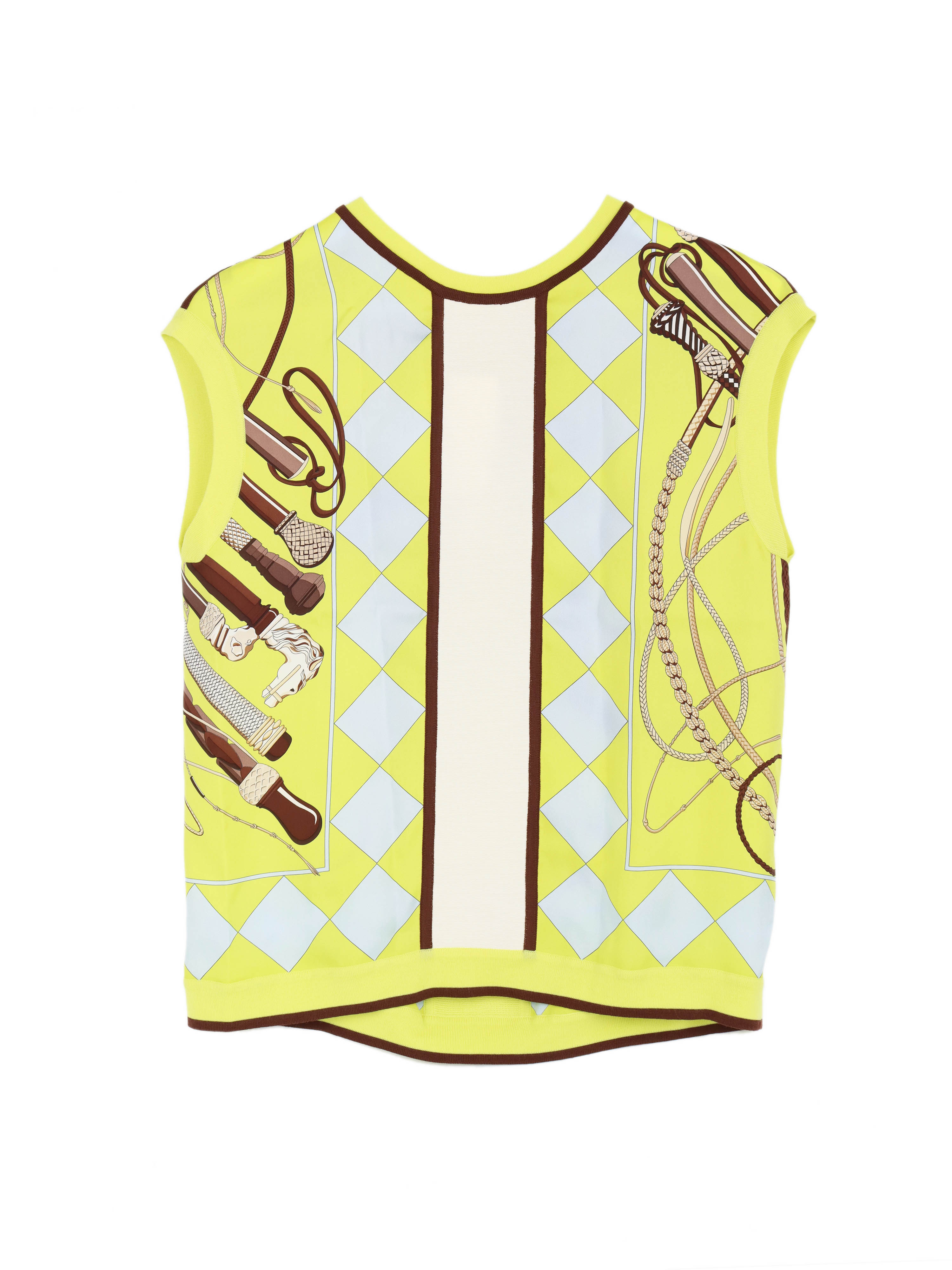Hermes Yellow and Blue Equestrian Silk Knit Vest Top Size 36 - Elegant Equestrian Style for Women's Fashion, Perfect for Polo Events and Luxury Outings