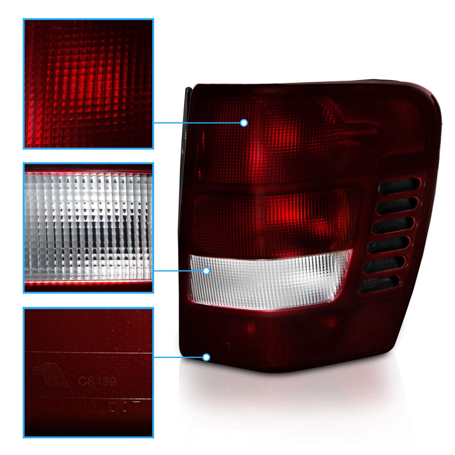 AmeriLite 1999-2004 Jeep Grand Cherokee Replacement Tail Lights - Dark Red Pair (Left & Right) for Enhanced Visibility & Style - Perfect for Night Driving and Off-Road Adventures