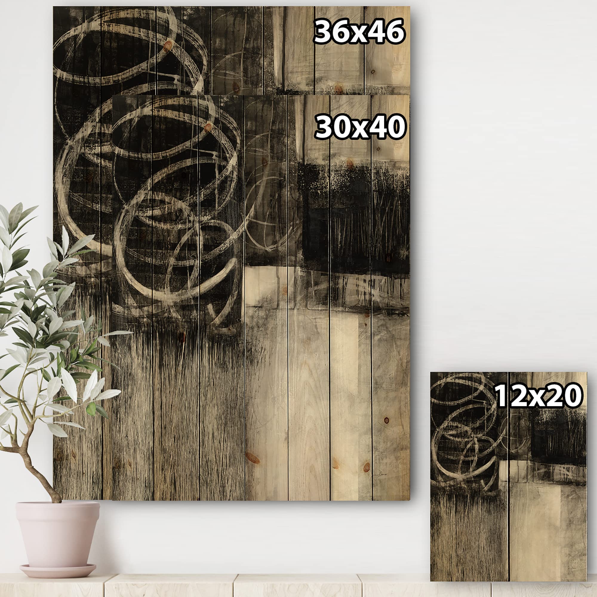 DesignQ Geometric Mid-Century Modern Wood Wall Art - Large Abstract Black Wood Panel Decor Printed on Natural Pine - Perfect for Living Room, Bedroom & Office Decor