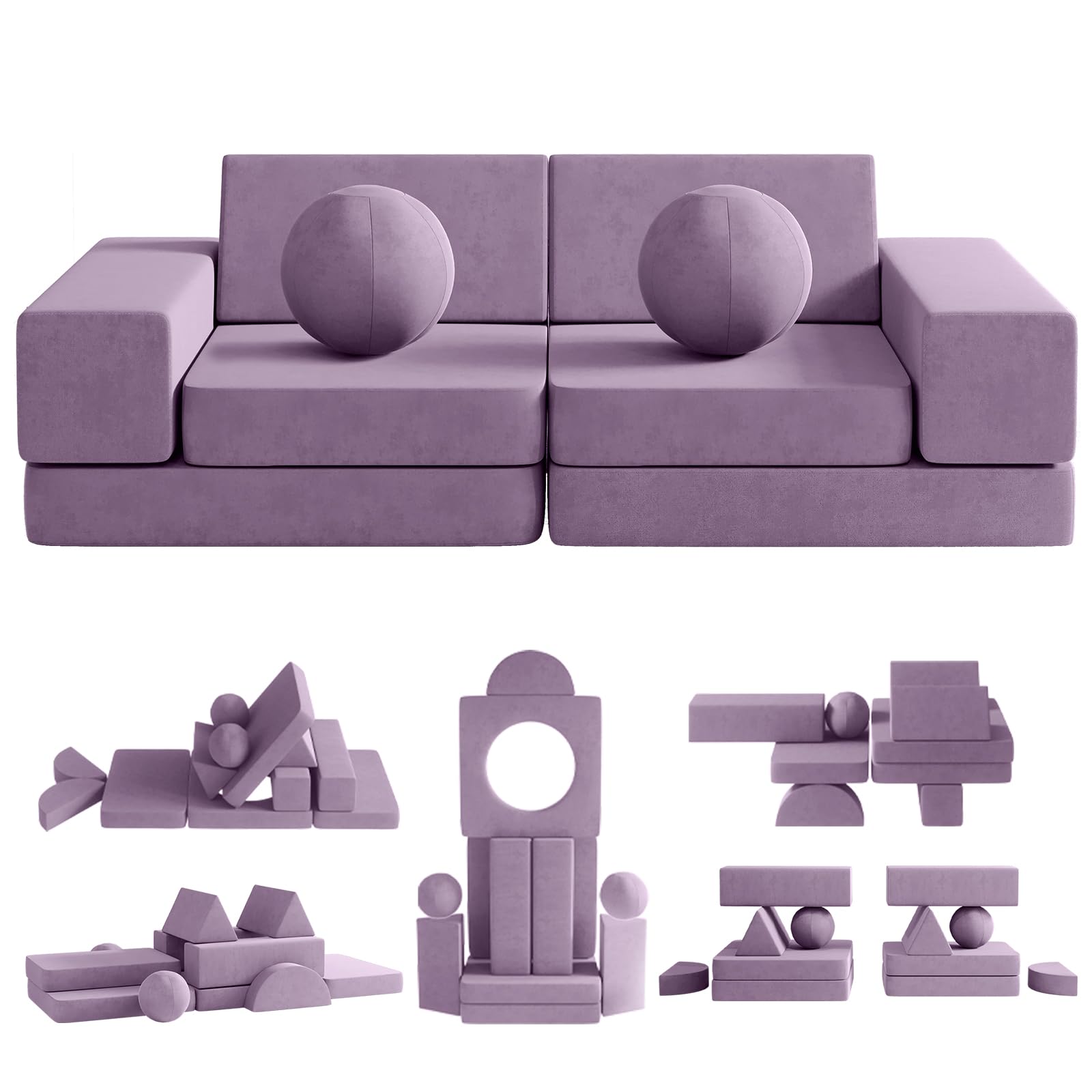 12PCS Modular Kids Play Couch Set with 2 Balls & Tunnel - Foldable Toddler Sofa for Playroom, Indoor Kickball & Pitching Games - 30+ Creative Play Ideas - Perfect for Playdates, Birthday Parties & Family Game Nights (Blueberry)