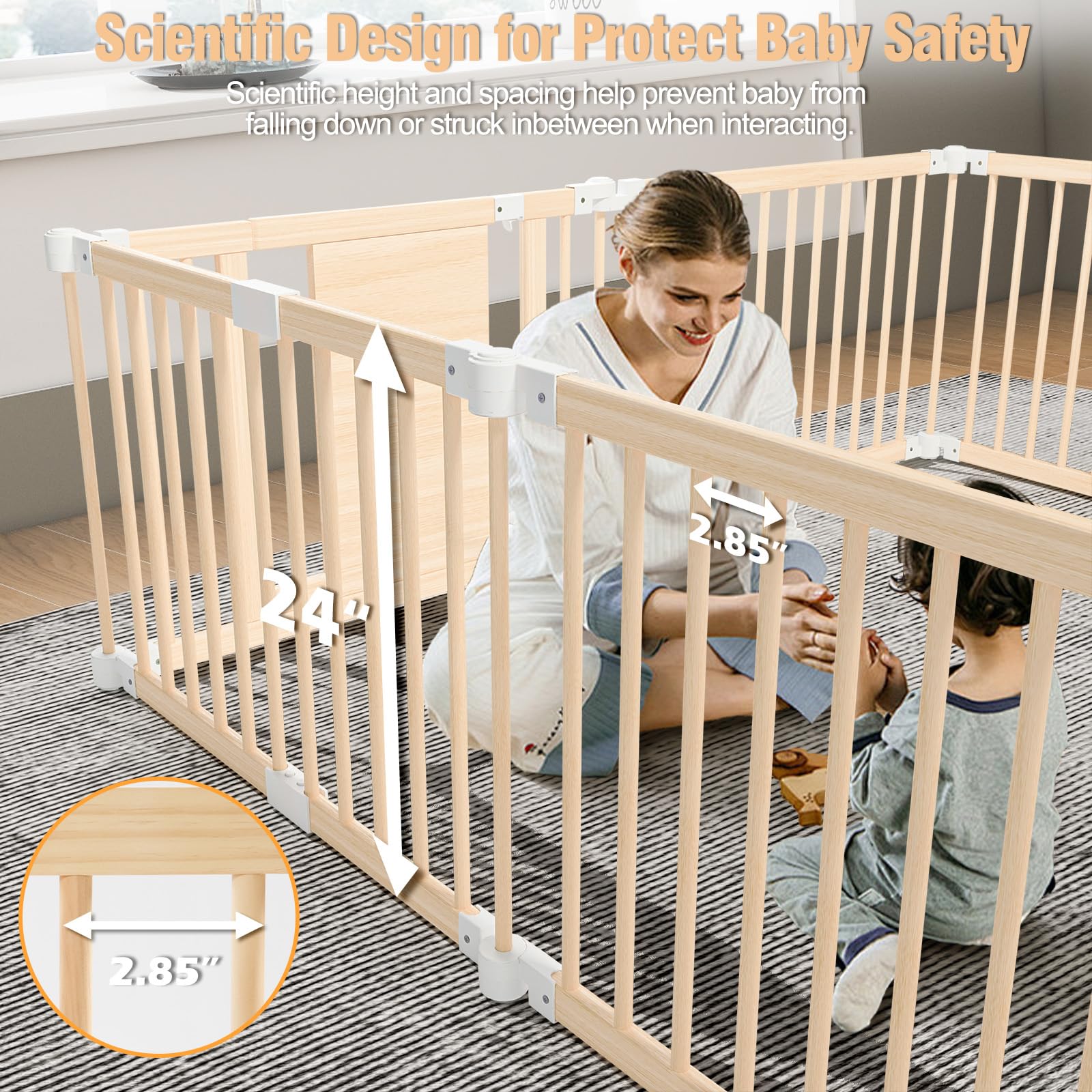 Foldable Wooden Baby Playpen with Locking Door - Adjustable Shape & Size Safety Play Yard for Babies & Toddlers - Perfect for Indoor Play Areas, Daycare Centers & Home Childproofing