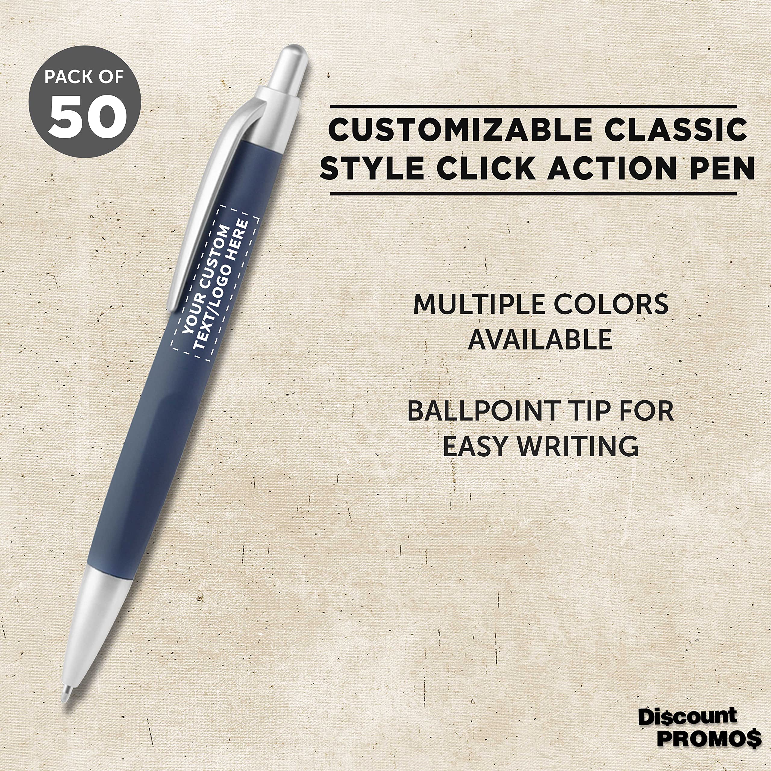 50 Pack Atlas Click Action Pens - Custom Text & Logo Printing, Black Ink, Navy Blue Plastic - Bulk Office Supplies for Business Promotions, School, and Corporate Gifting