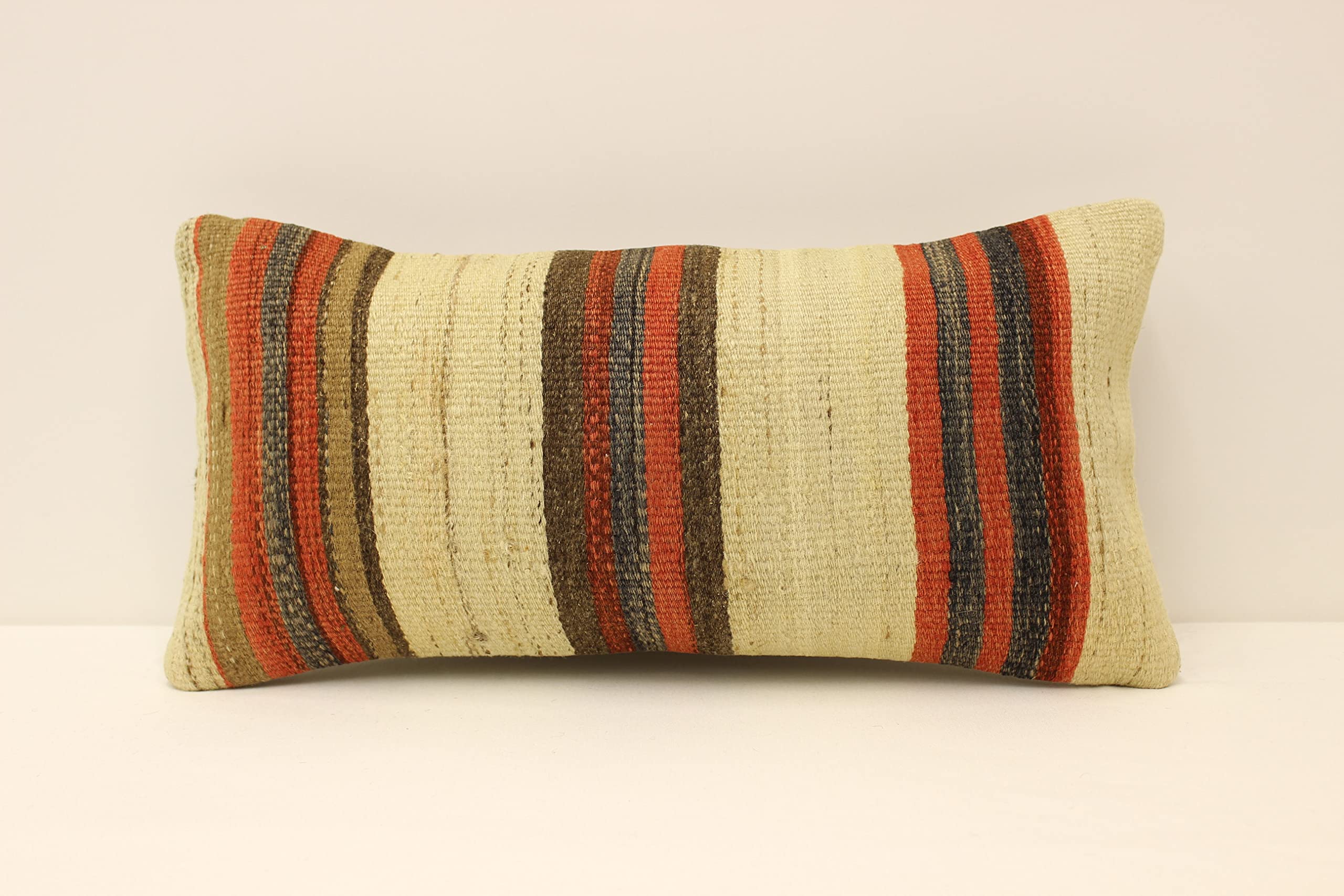 Turkish Kilim Pillow Cover 10x20 Inches (25x50 cm) - Handwoven Blue Yellow Red Decorative Throw Cushion for Sofa, Bed, Chair - Bohemian Home Decor & Lumbar Support Pillow