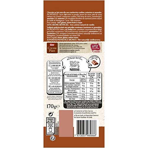 Nestle Les Recettes de l'Atelier Milk Chocolate with Cranberries, Hazelnuts & Almonds 170g (Pack of 3) - Premium Swiss Chocolate Bars for Gifts, Desserts & Snacking