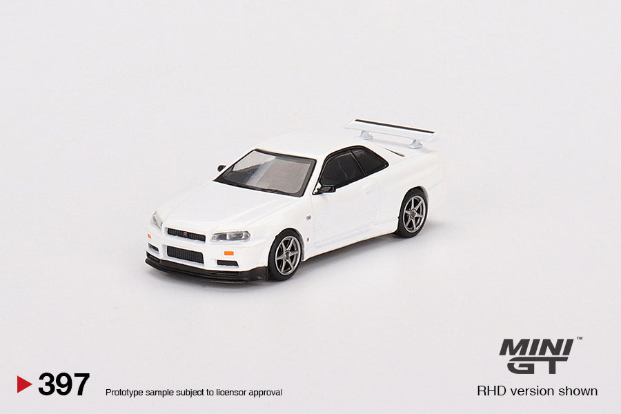 MINIGT 1:64 Scale Nissan Skyline GT-R R34 V Spec N1 Diecast Model Car - White - Collectible Toy for Display, Racing Games & Car Enthusiasts