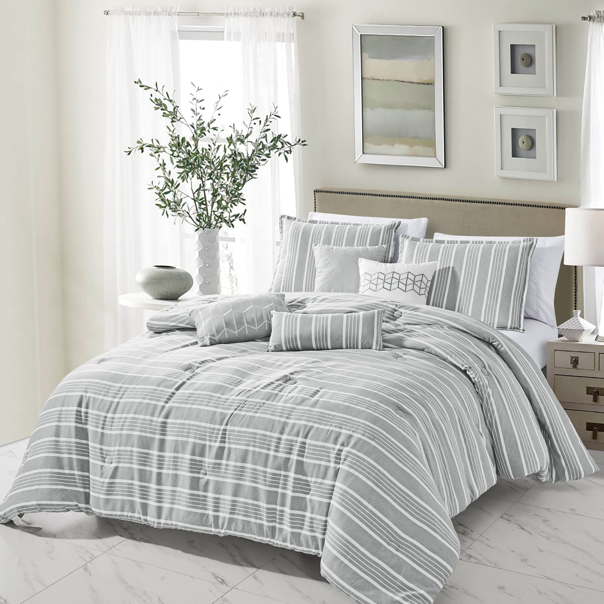 ESCA 7-Piece White and Grey Striped Yarn-Dyed Comforter Set - Breathable, All-Season, Soft & Lightweight Bedding for King/Cal King Size - Perfect for Master Bedroom, Guest Room, and Cozy Home Decor