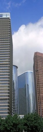 Low Angle View of Houston Skyline - ExxonMobil & Chevron Buildings Texas USA Architecture Poster Print 12x36 - Office Decor, Home Wall Art, Gift for Architecture Lovers