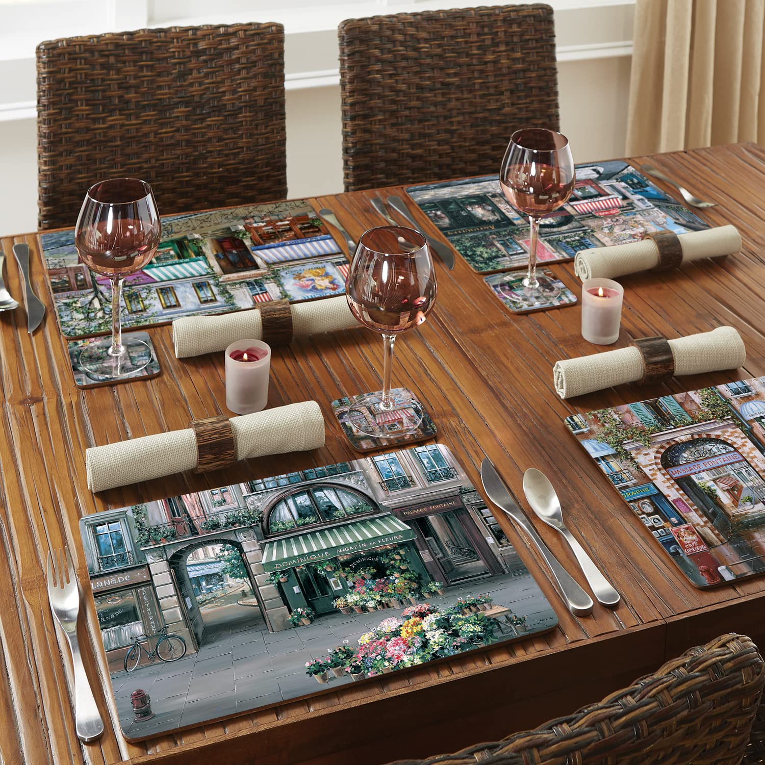 Village Square Decorative Hardboard Cork Back Tabletop Placemats - Set of 4 - Heat Resistant & Easy to Clean - Made in USA - Perfect for Dining Tables, Kitchen Countertops & Home Decor