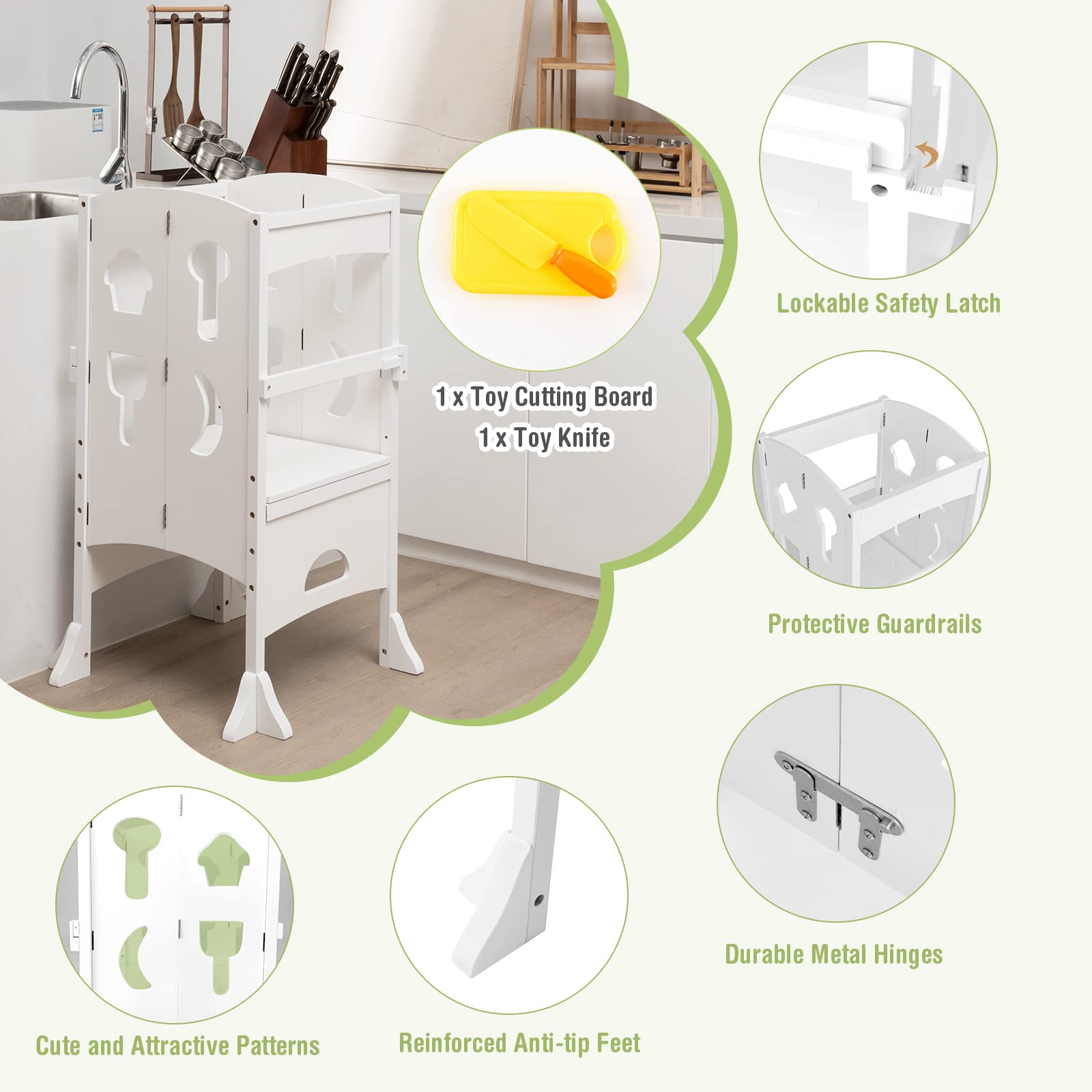 HONEY JOY Wooden Montessori Step Stool for Toddlers & Kids - Foldable Learning Tower with Safety Rail for Kitchen Counter - White - Perfect for Baking, Cooking & Independent Play