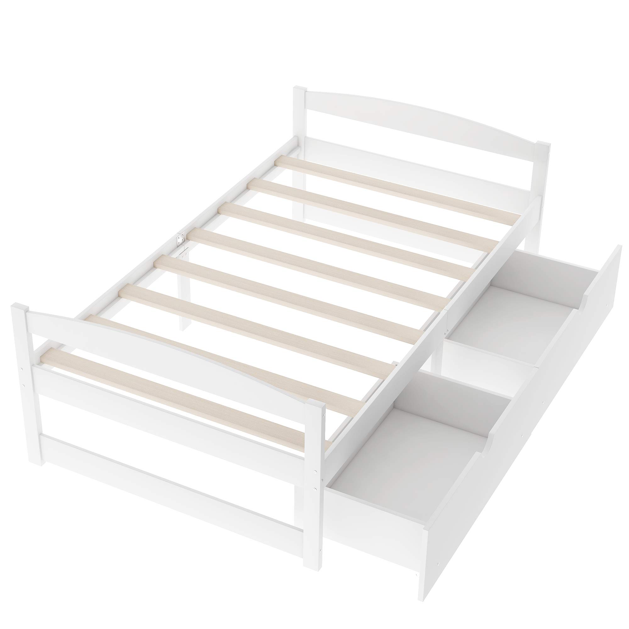 Twin Platform Bed with Storage Drawers - Solid Pine Wood Bed Frame - Space Saving Minimalist Design for Teens & Adults - Perfect for Small Bedrooms, Dorms & Guest Rooms (White)