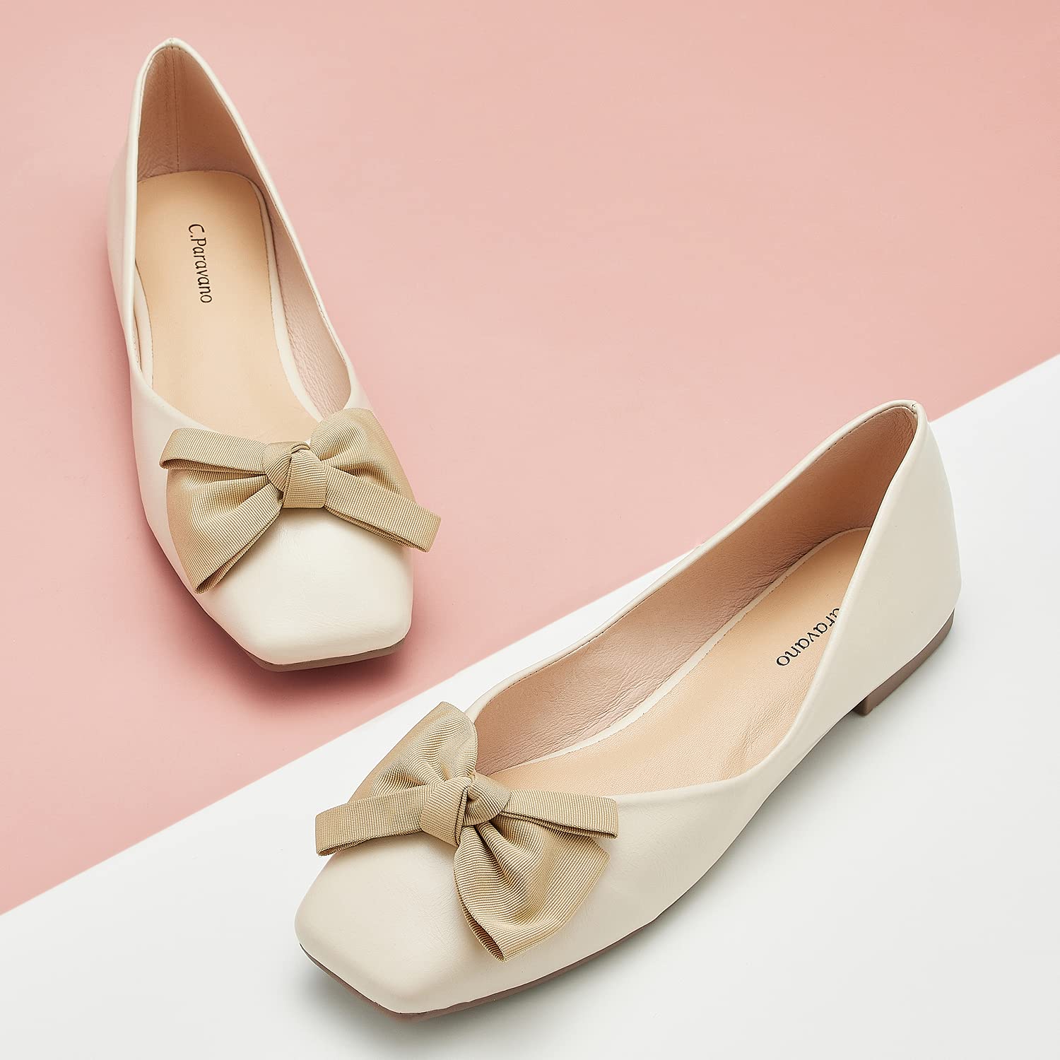 C.Paravano Women's Square Toe Leather Ballet Flats - Slip On Comfortable Casual Shoes for Work, Office & Everyday Wear