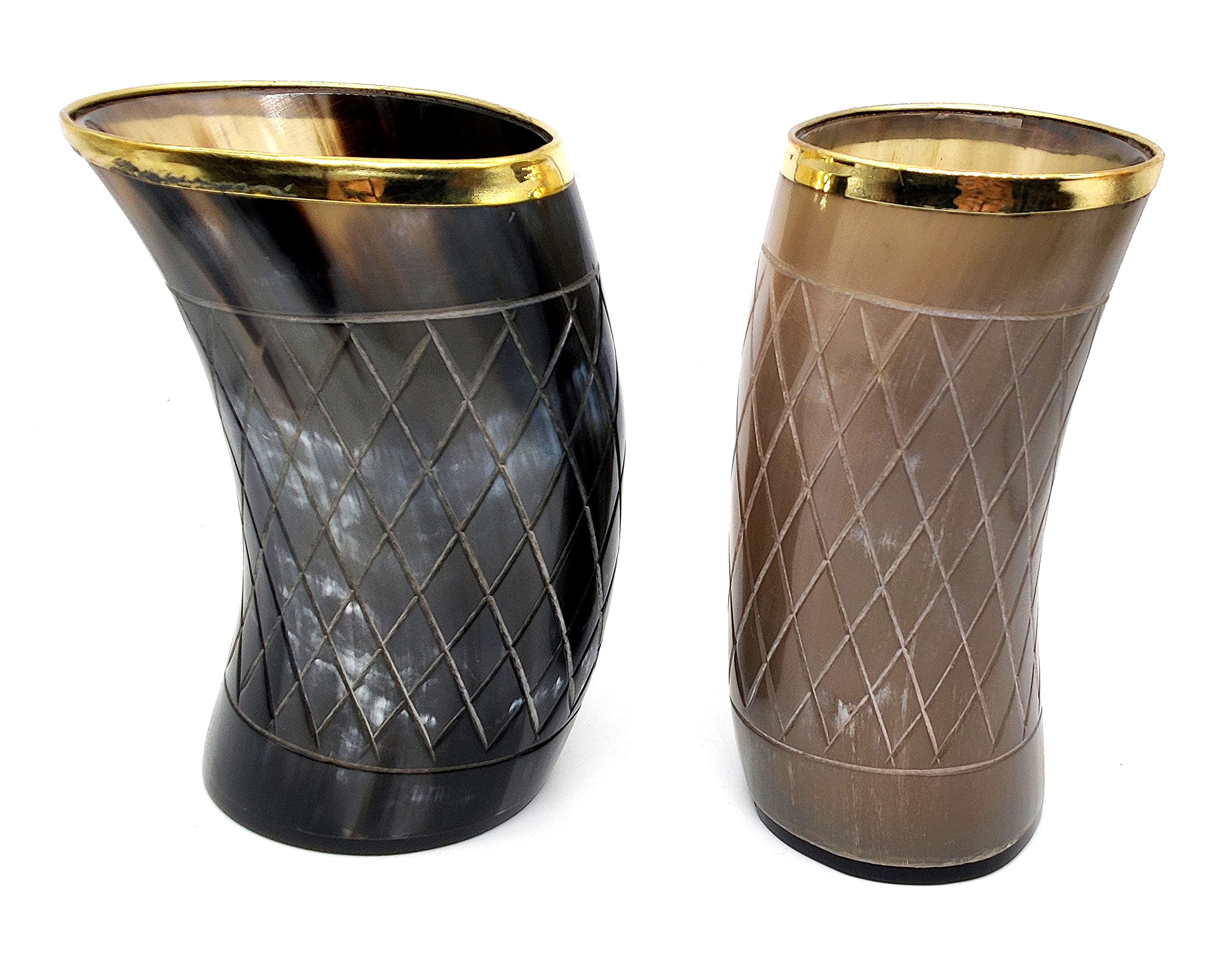 Handmade Viking Drinking Mug Set of 2 - Medieval Ale Beer Wine Goblet with Brass Ring & Ox Horn Design - Perfect for Renaissance Fairs, Medieval Themed Parties & Viking Reenactments