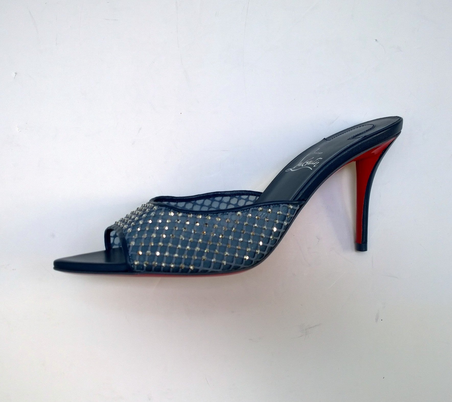 Christian Louboutin Apostropha 85 Rhinestone Mules - Dark Blue Net Sandals with Strass Heels | Perfect for Evening Parties, Weddings & Special Occasions