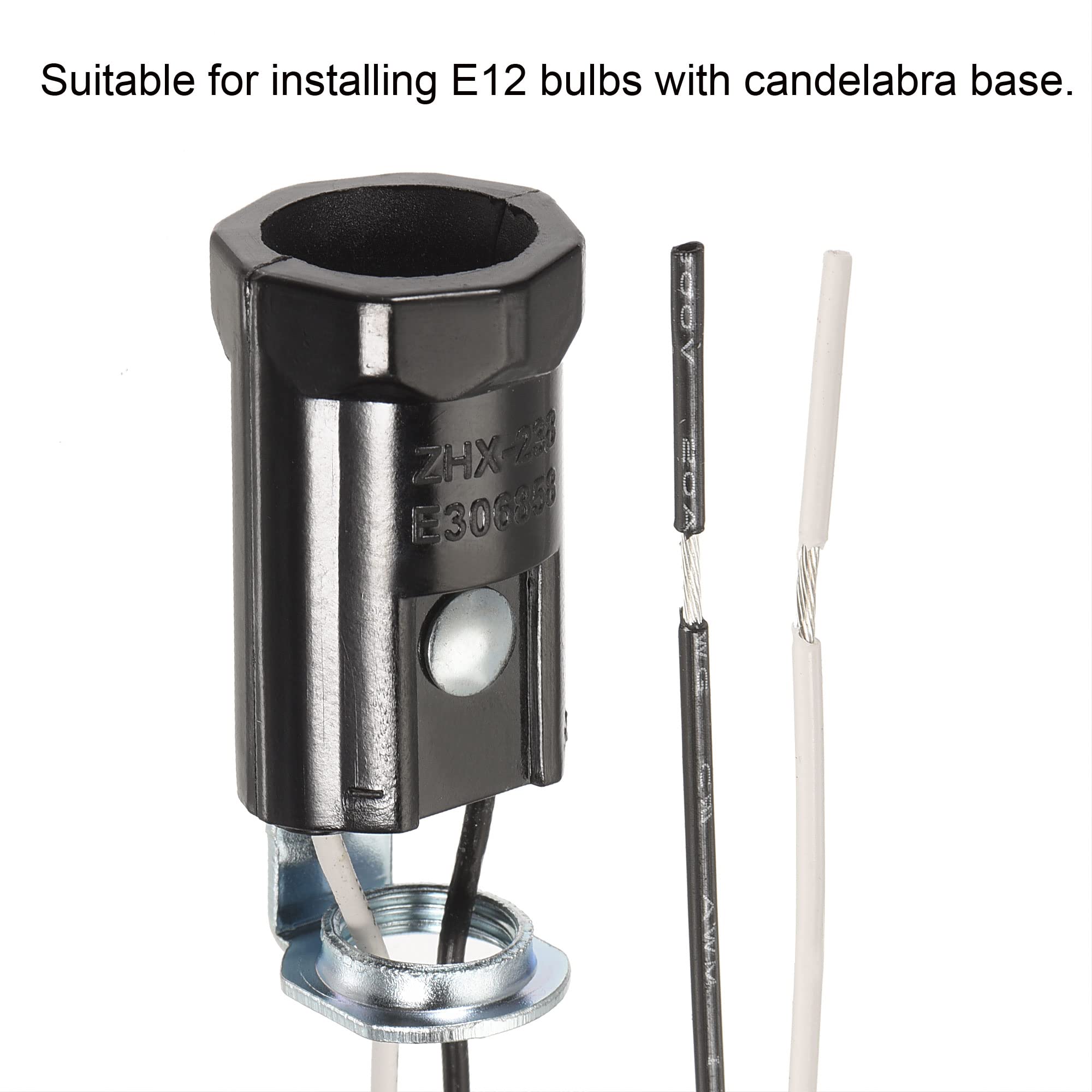 Meccanity E12 Bulb Socket - 1.69 Inch Height Candelabra Base LED Lamp Holder with 9.8 Inch Wire & M10 Lamp Pipe Nuts - Pack of 5 - Perfect for Chandeliers, Pendant Lights & DIY Lighting Projects