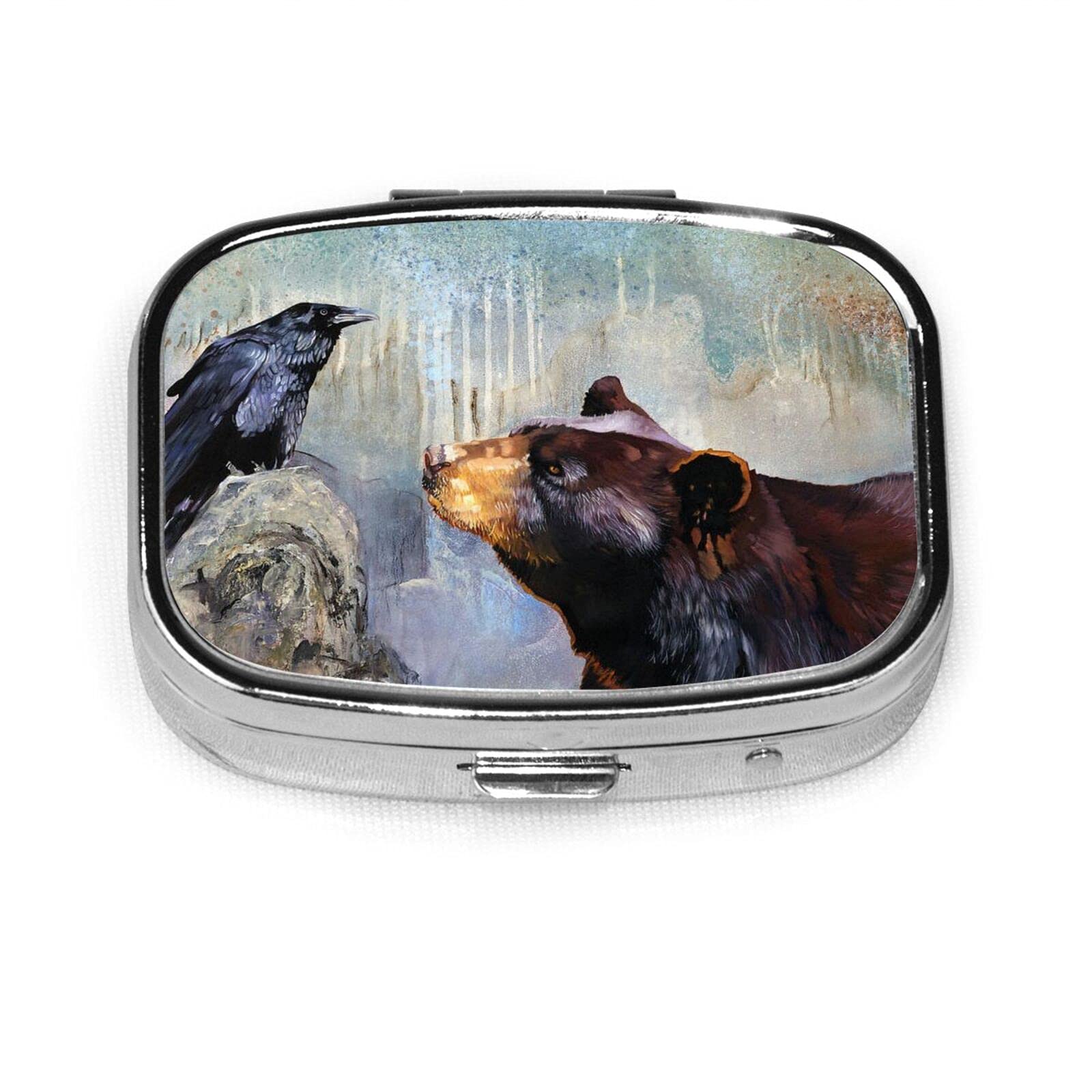 Custom Personality Classic Raven and The Bear Square Pill Box - Stylish Medicine Organizer for Purse, Travel & Daily Use - Unique Pill Case for Pills, Vitamins & Medication Storage