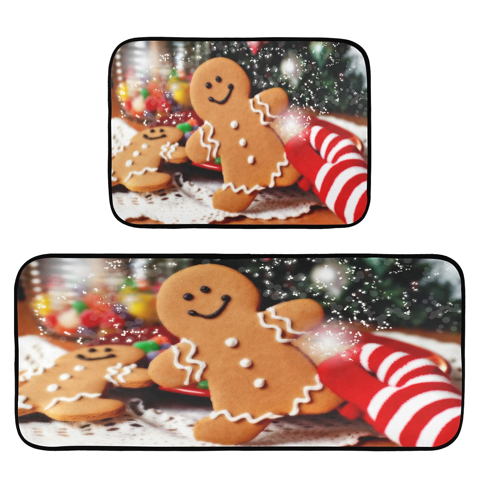 Christmas Gingerbread Man Kitchen Rug Set of 2 - Washable Non-Slip Memory Foam Anti-Fatigue Mat with Rubber Backing for Kitchen, Living Room, Bedroom, Bathroom & Laundry | Holiday Home Decor & Cozy Floor Comfort