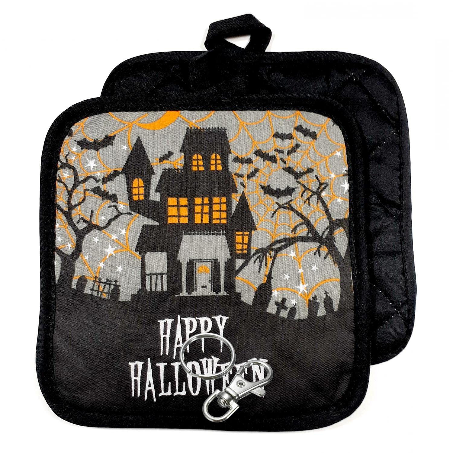 Spooky Halloween Haunted House Design 4-Piece Set - 2 Heat-Resistant Potholders (7x7 Inches) & Bonus Lobster Clasp with Key Ring - Perfect for Kitchen, Halloween Decor & Gift Giving