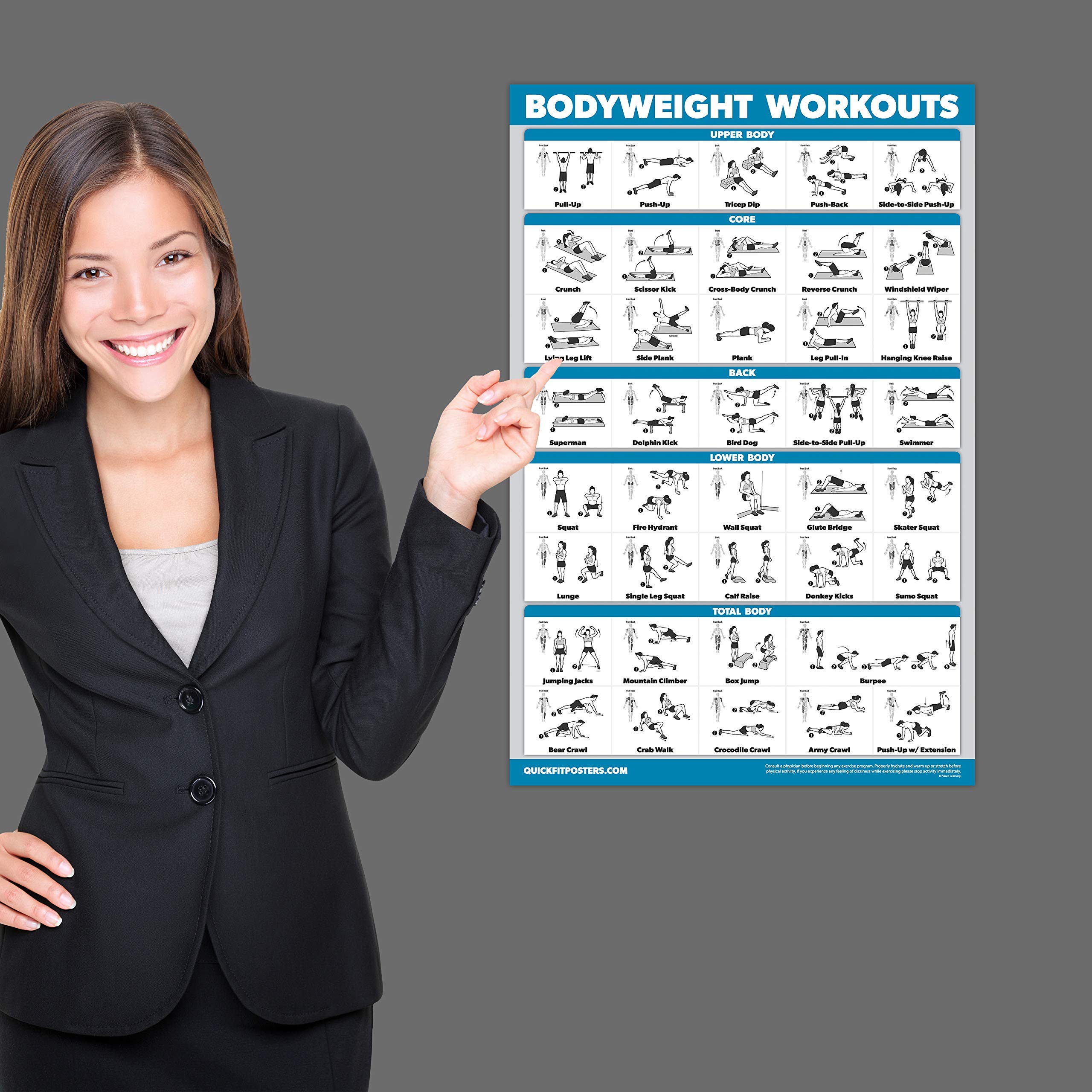 Quick Fit Bodyweight Workouts & Stretching Exercise Poster Set - Laminated 2-Chart Fitness Guide for Home Gym, Office & Travel - Bodyweight Training Routine & Flexibility Workouts for Men & Women
