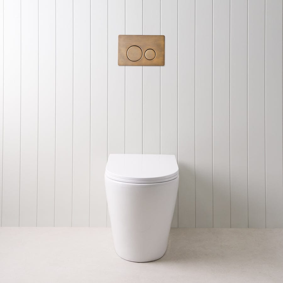 Vintage Angled In-Wall Toilet with Round Antique Brass Buttons - Space-Saving Wall-Mounted Toilet for Modern Bathrooms & Small Spaces