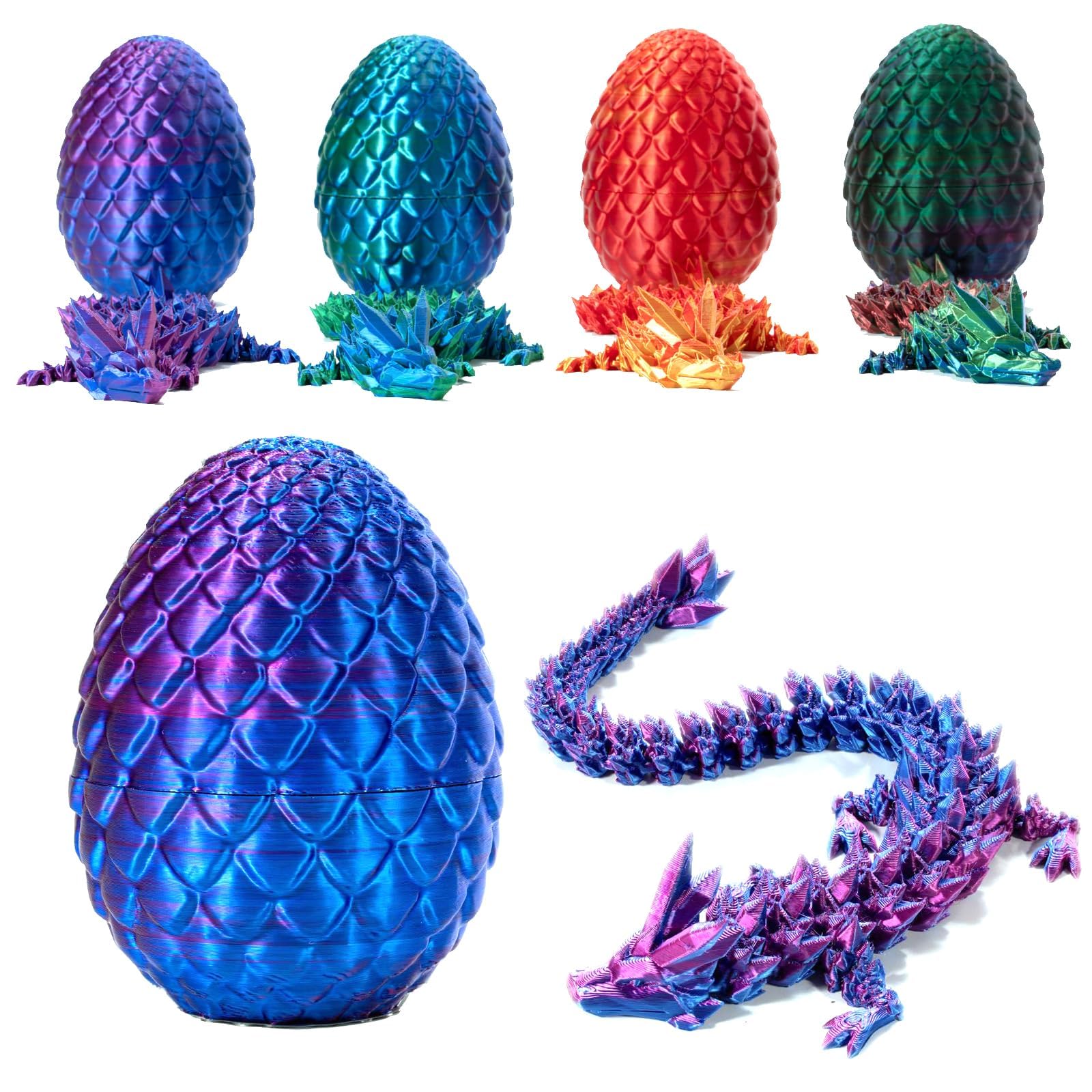 3D Printed Articulated Dragon in Egg - Flexible Poseable Crystal Dragon Toy for Adults, Fidget Toys for Autism & ADHD Relief - Laser Purple - Perfect for Stress Relief, Office Desk Decor, and Collectible Gift