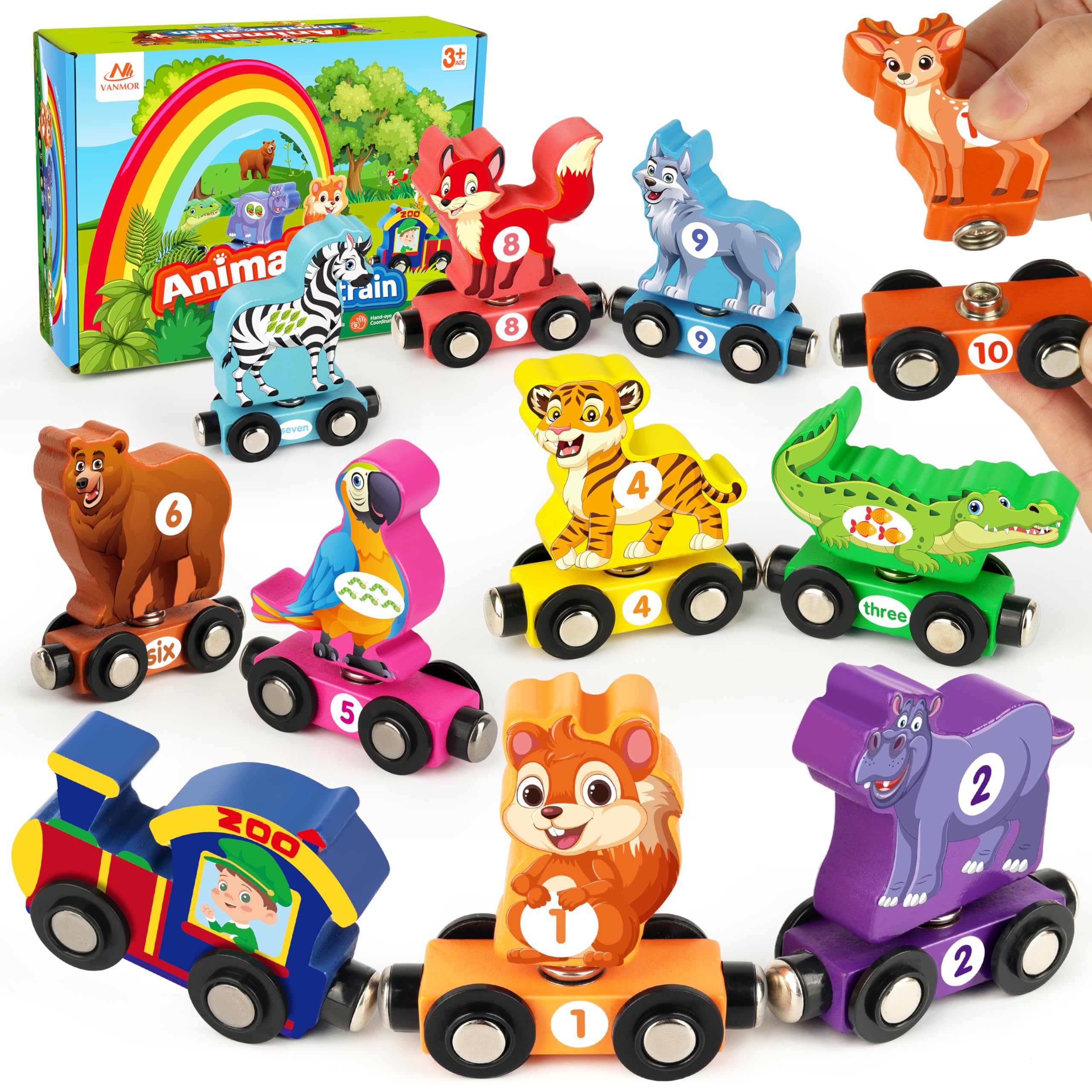 Vanmor Magnetic Wooden Train Set for Toddlers - Educational Animal Number Train Toy for Kids Ages 3-5 | STEM Learning Toy for Fine Motor Skills Development | Perfect Preschool Activity & Birthday Gift for Boys & Girls | Great for Playroom, Classroom & Travel Entertainment