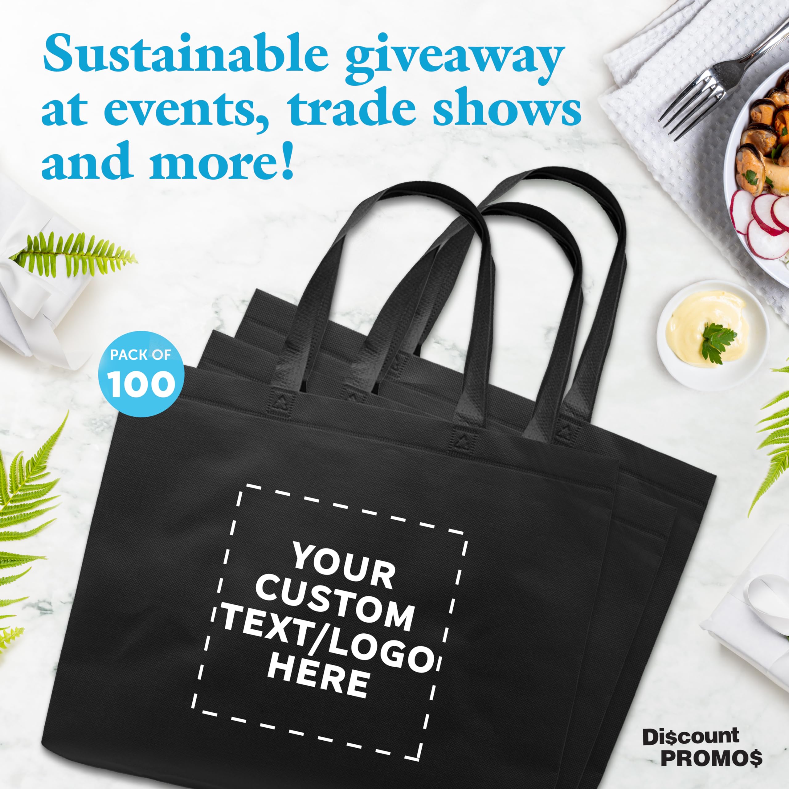 Custom Jumbo Reusable Tote Bags Bulk Pack of 100 - Personalized Grocery & Shopping Bags for Women, Promotional Giveaways - Black | Perfect for Retail Stores, Events, Trade Shows & Eco-Friendly Shopping