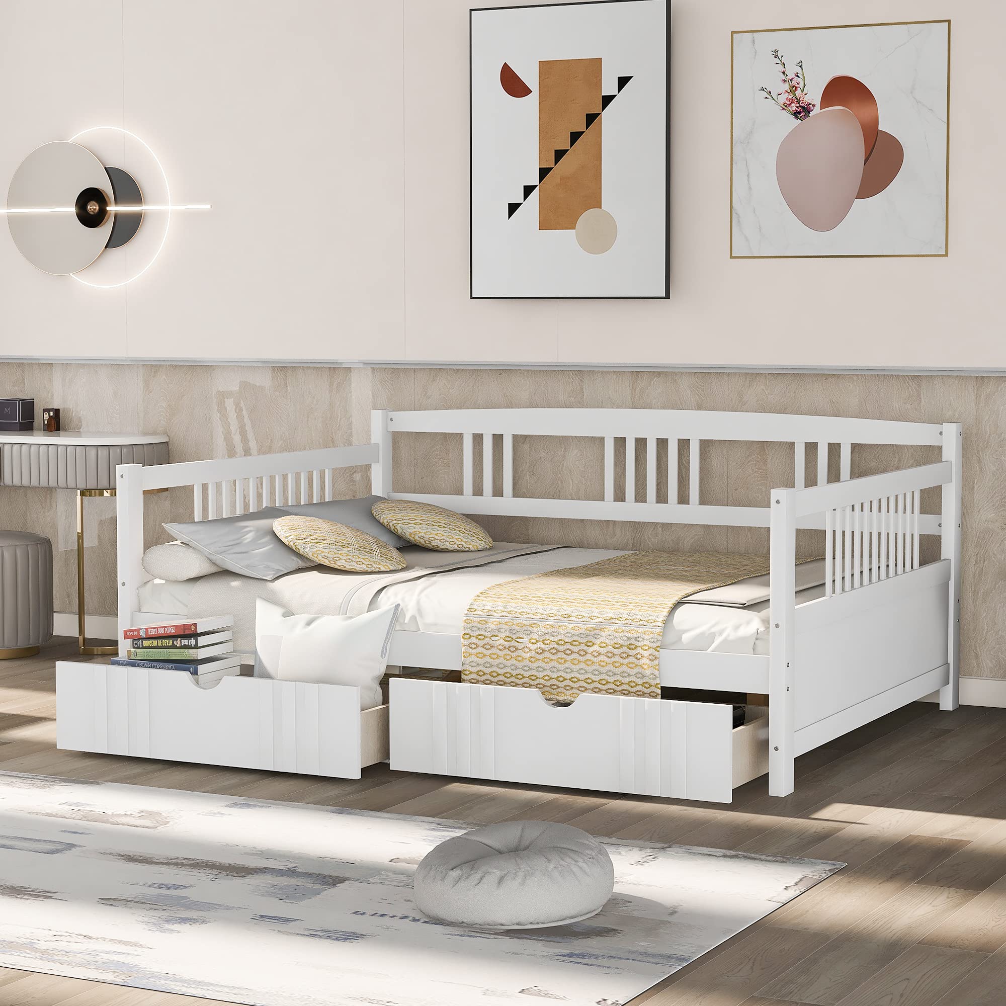 Full Size Daybed with Storage Drawers - Wooden Daybed Frame for Kids, Teens & Adults - No Box Spring Needed - White | Perfect for Guest Rooms, Dormitories & Small Spaces