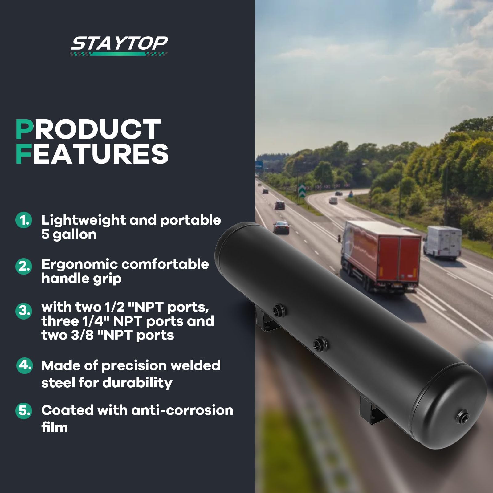 STAYTOP 5 Gallon (18 Liter) 7 Ports Suspension Air Ride Bag Train Truck Horn Air Tank 200 PSI - Heavy Duty Air System for Semi Trucks, Trailers & Custom Vehicles - Perfect for Off-Roading, Towing & Performance Upgrades
