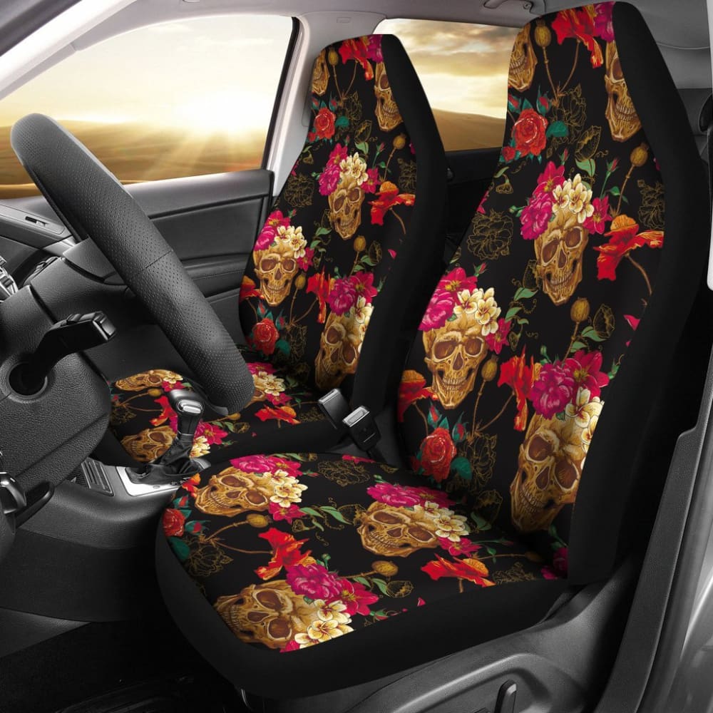 2 Pcs Floral Sugar Skull Day of The Dead Car Seat Covers - Mexican Style Decor for Halloween, Dia de Los Muertos Celebration & Car Interior Protection (Use for Cars, Trucks, SUVs)
