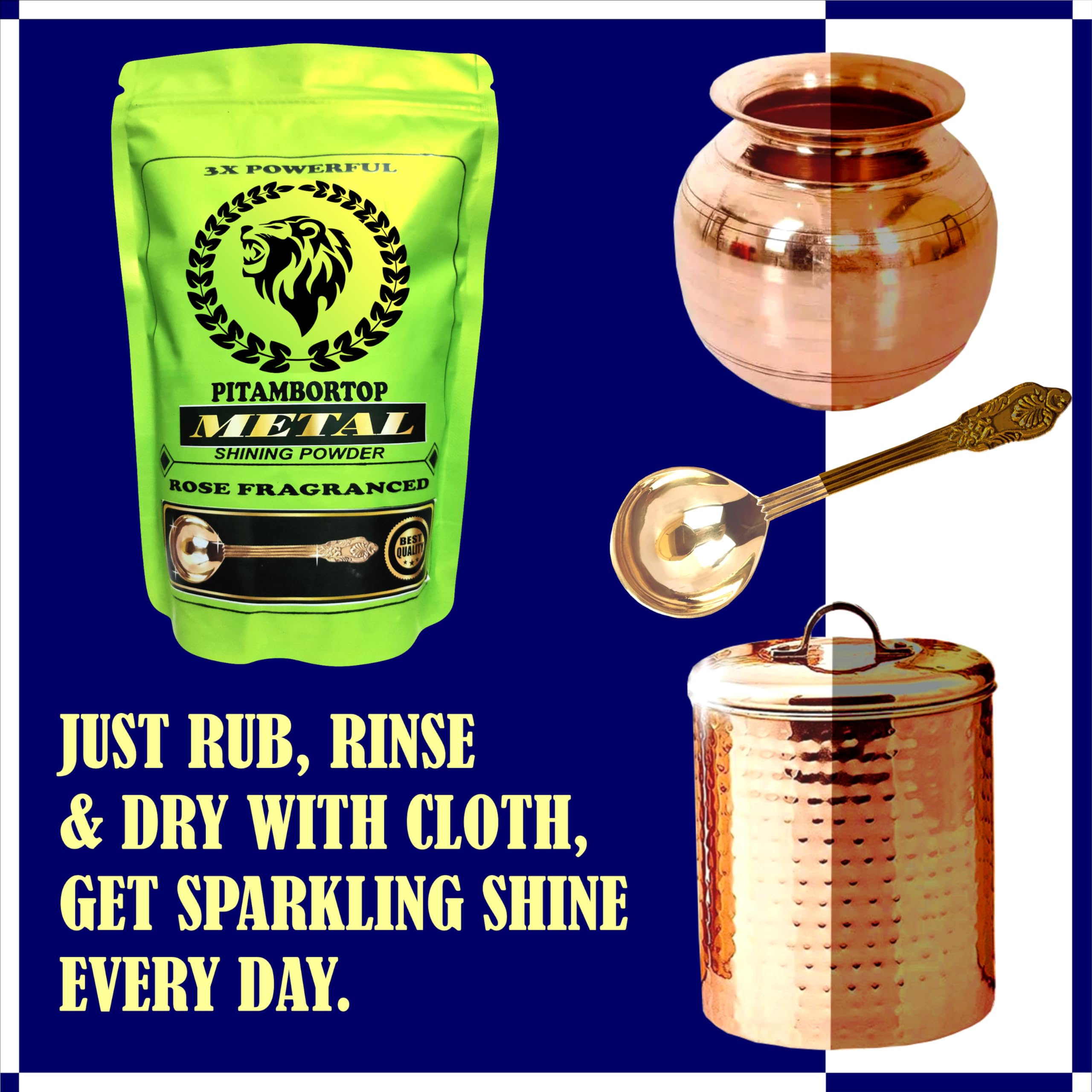 Pitambortop Pitambari Shining Powder - Metal Polish for Brass, Bronze, Copper, Aluminum, Steel & Silver | Restores Shine to Jewelry, Utensils & Decorative Items