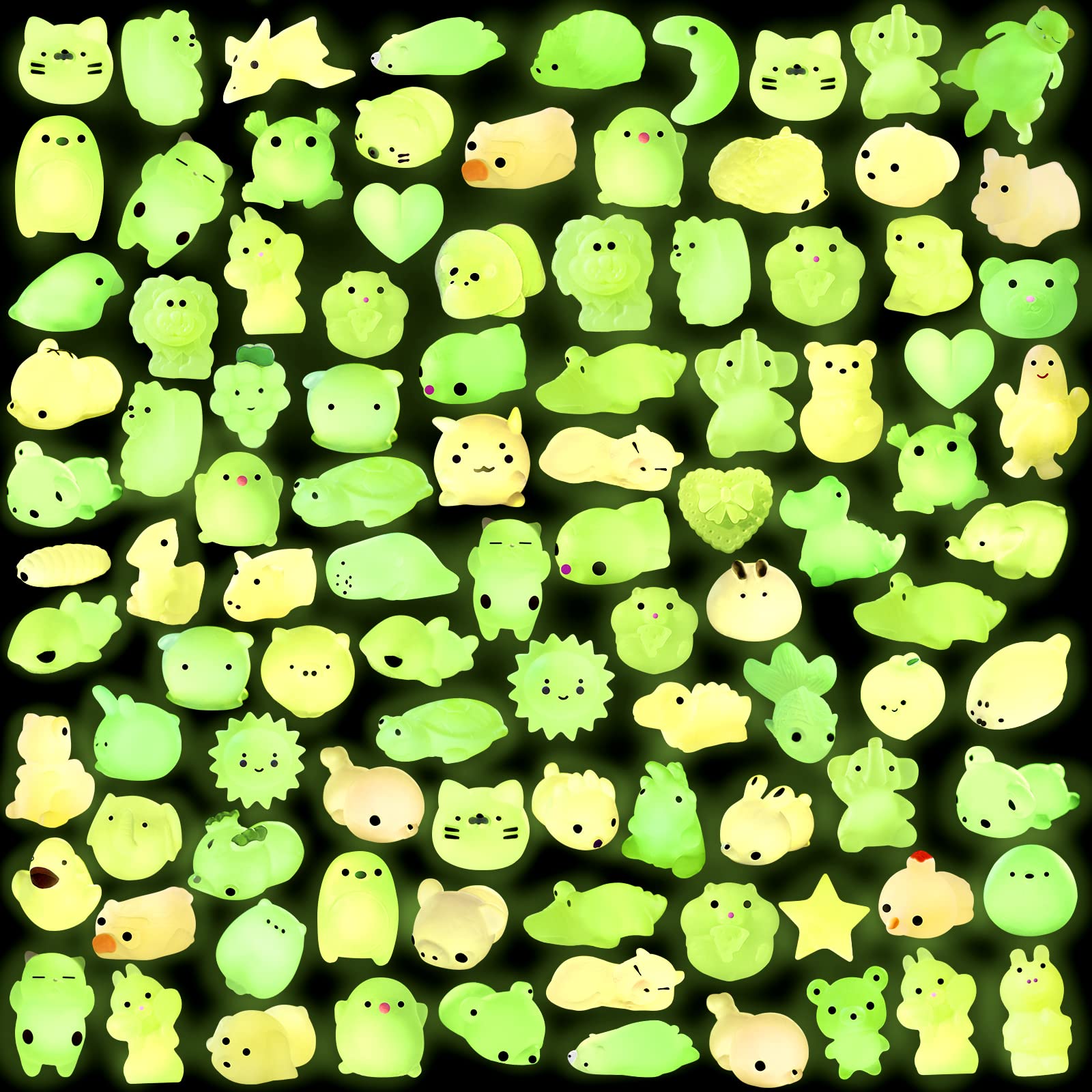 Outee 100-Piece Mochi Animal Stress Relief Toys - Mini Squishy Cat Toys with Glow in The Dark Feature - Fun Easter Gifts for Kids & Adults - Perfect for Office Desk, Classroom, Travel & Anxiety Relief