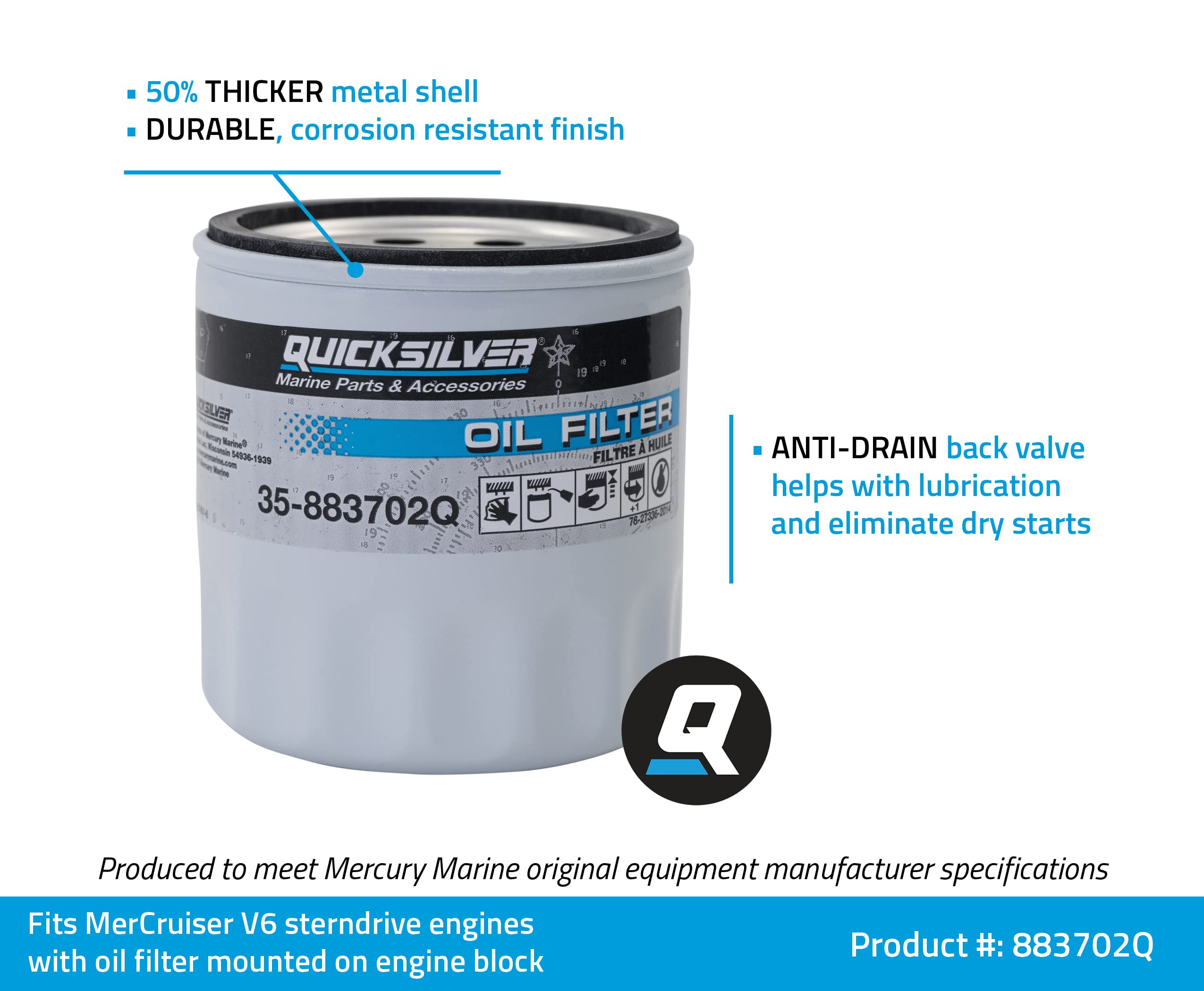 Quicksilver 883702Q Engine Block Mount Oil Filter Compatible with V-6 MerCruiser Stern Drive Engines - Marine Boat Engine Replacement Part for Smooth Performance