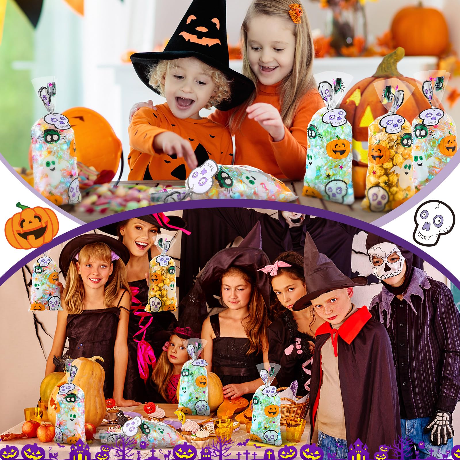 150-Pack Halloween Cellophane Candy Treat Bags - Pumpkin, Spider, Ghost & Bat Design - Bulk Goodie Bags with Twist Ties - Perfect for Halloween Party Favors, Trick-or-Treating & Classroom Treats