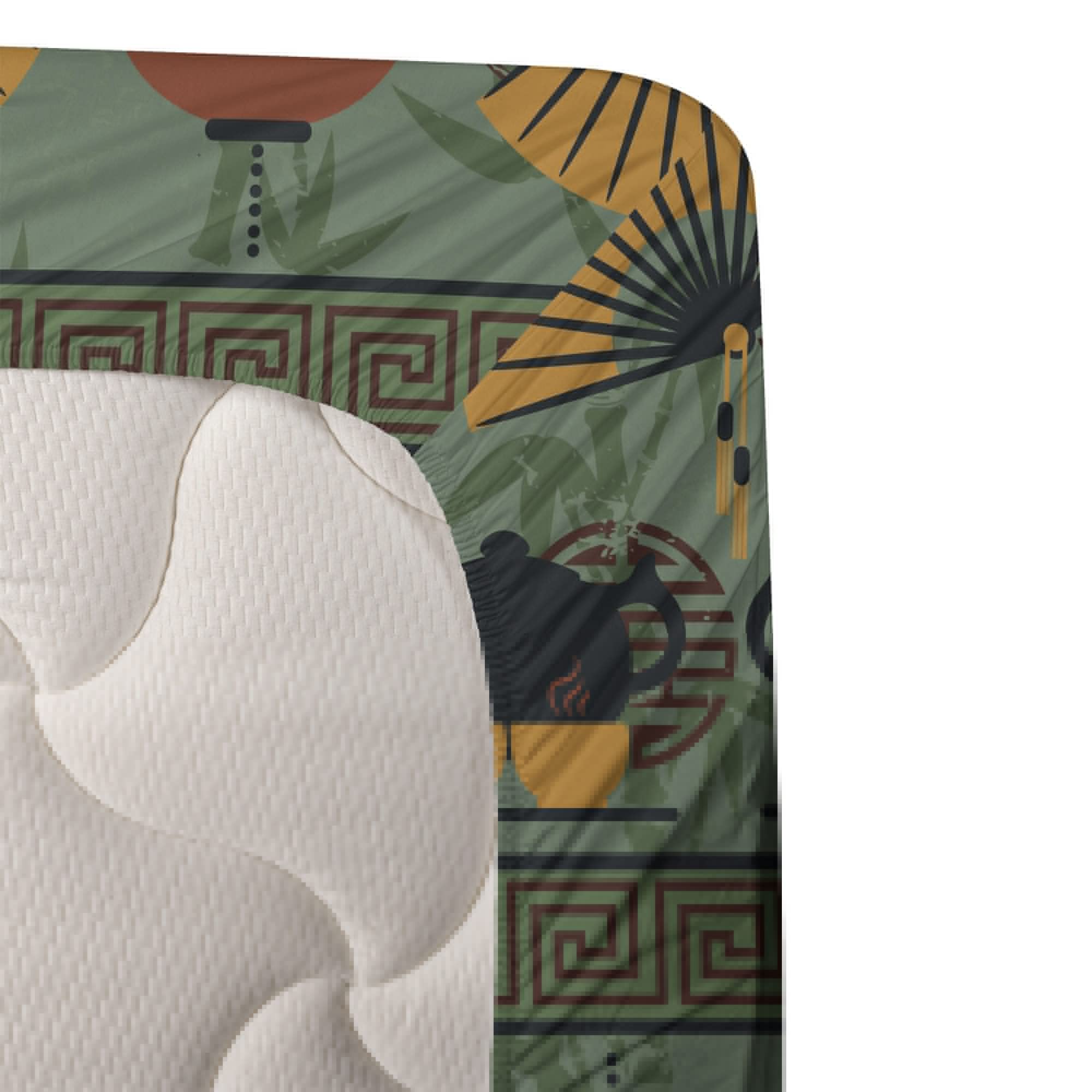 Ambesonne Tea Party 4-Piece Sheet Set - Traditional Chinese Teapots & Ornamental Branch Print King Size Bedding Set in Reseda Green & Marigold | Perfect for Asian-Themed Bedrooms, Tea Lovers & Cultural Home Decor