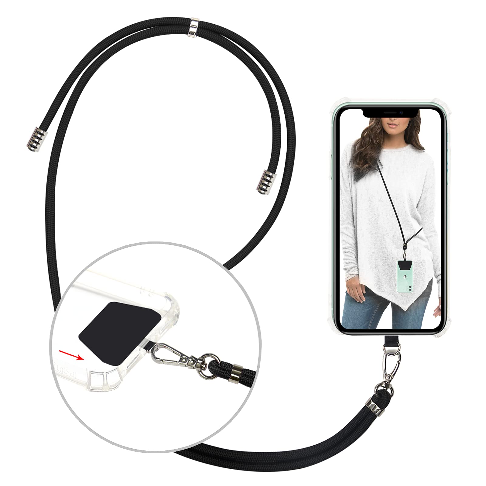 Takyu Adjustable Nylon Phone Lanyard - Universal Smartphone Neck Strap for iPhone, Samsung & Most Devices - Secure Hands-Free Use for Work, Travel & Outdoor Activities (Black)