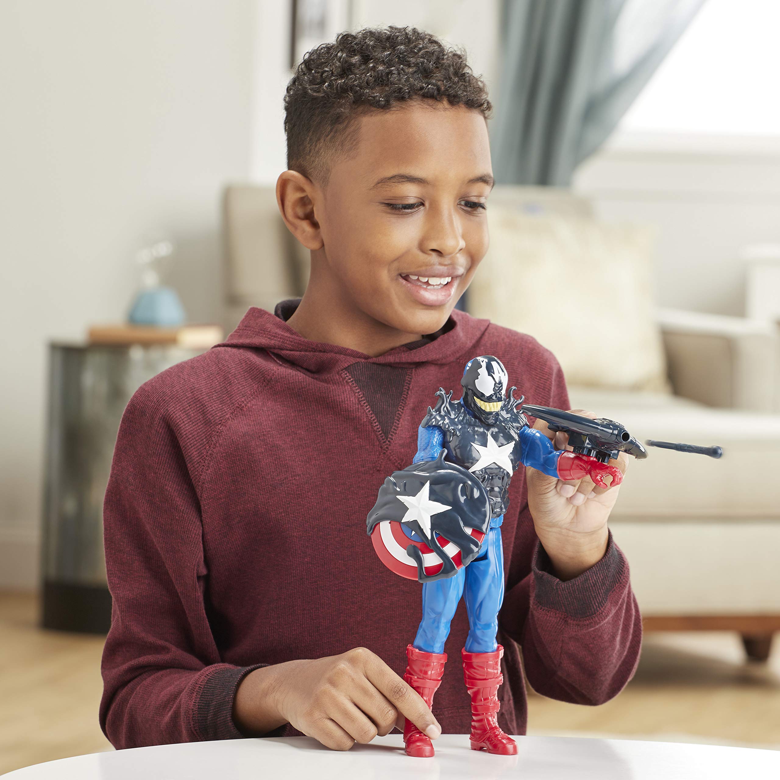 Hasbro E8683 Maximum Venom Titan Hero Series - Venom Captain America Action Figure with Starter, Projectile & 6 Accessories | Marvel Superhero Toy for Kids Ages 4+ | Birthday Gift, Role Play, Collectible Display