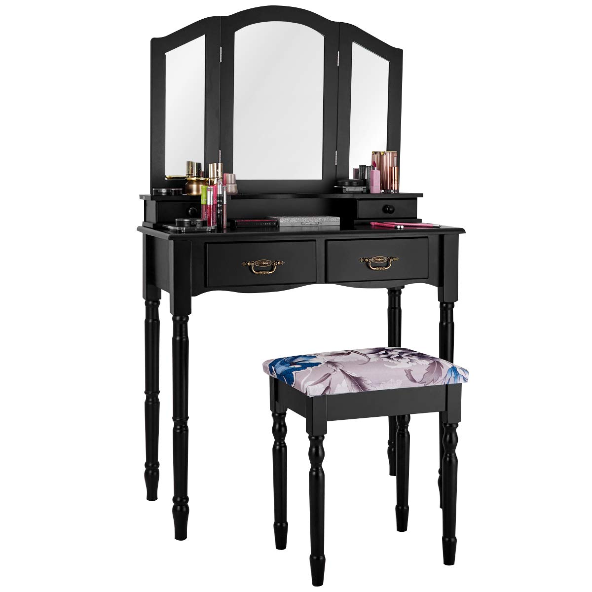 GOFLAME Vanity Table Set with Tri-Folding Mirror, 4 Drawers & Spacious Tabletop - Detachable Makeup Dressing Table with Cushioned Stool for Bedroom (Black) | Perfect Makeup Organizer for Small Spaces & Beauty Routine