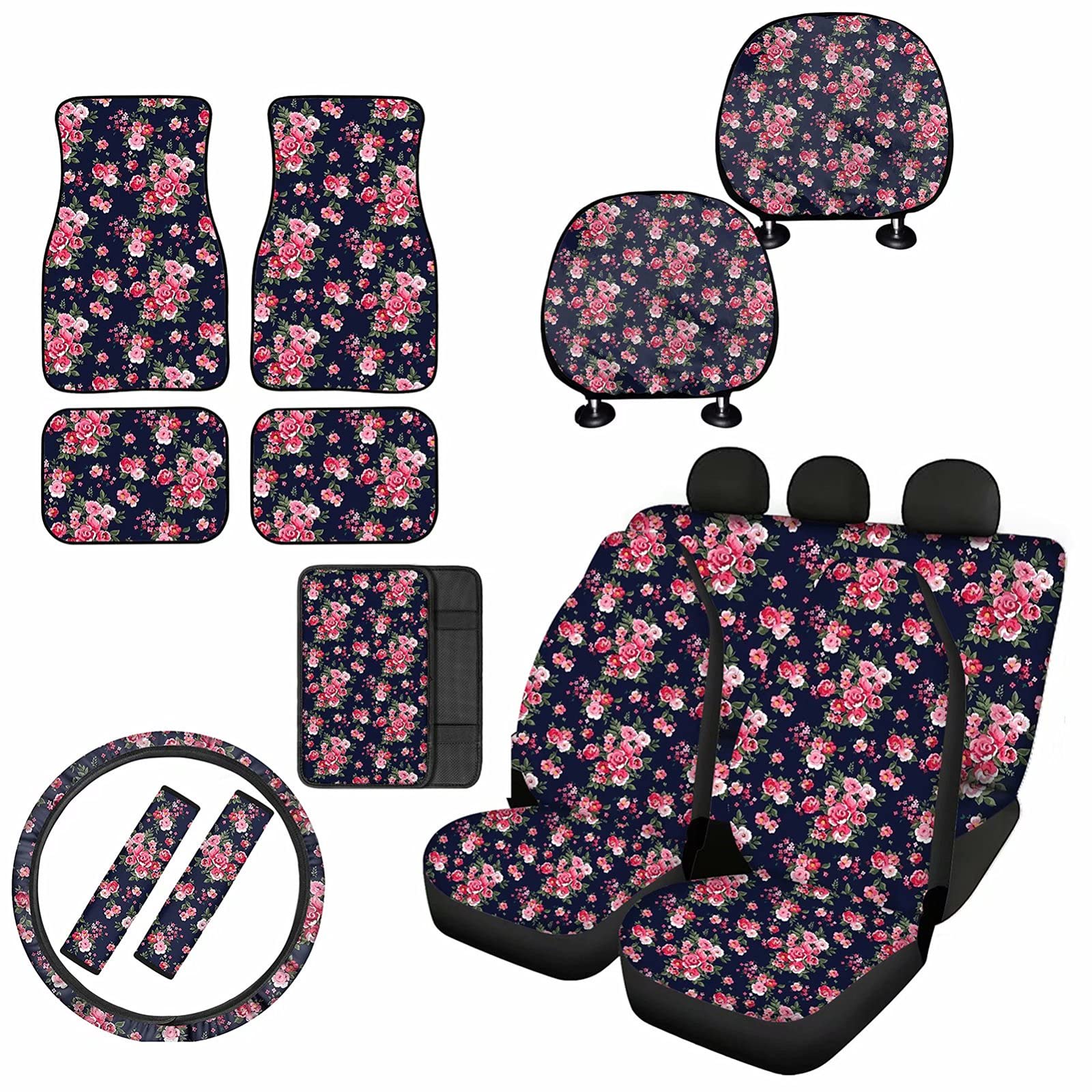 Pink Rose Floral Car Accessories Set - 14pcs Non-Slip Auto Seat Covers, Rubber Floor Mats, Steering Wheel Cover, Armrest Cushion & Seatbelt Pads for Women - Perfect for Sedans, SUVs & Daily Commute