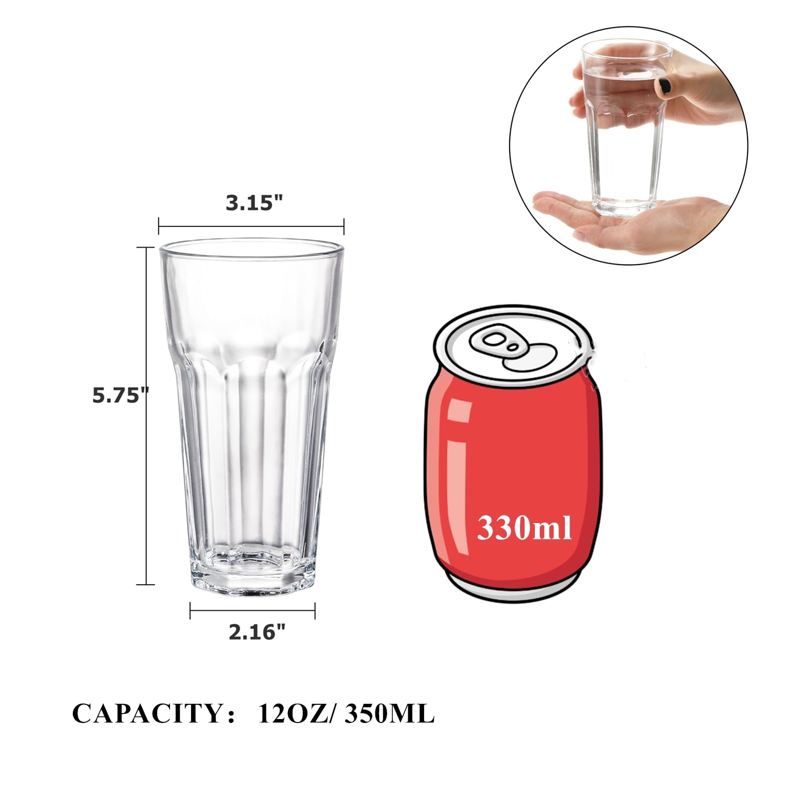 Yopay Set of 8 Premium 12oz Highball Glasses - Lead-Free Tempered Glass with Thick Heavy Base - Clear Drinking Cups for Cocktails, Juice, Beer, Soda & Milkshakes - Perfect for Home Bars, Parties & Restaurants