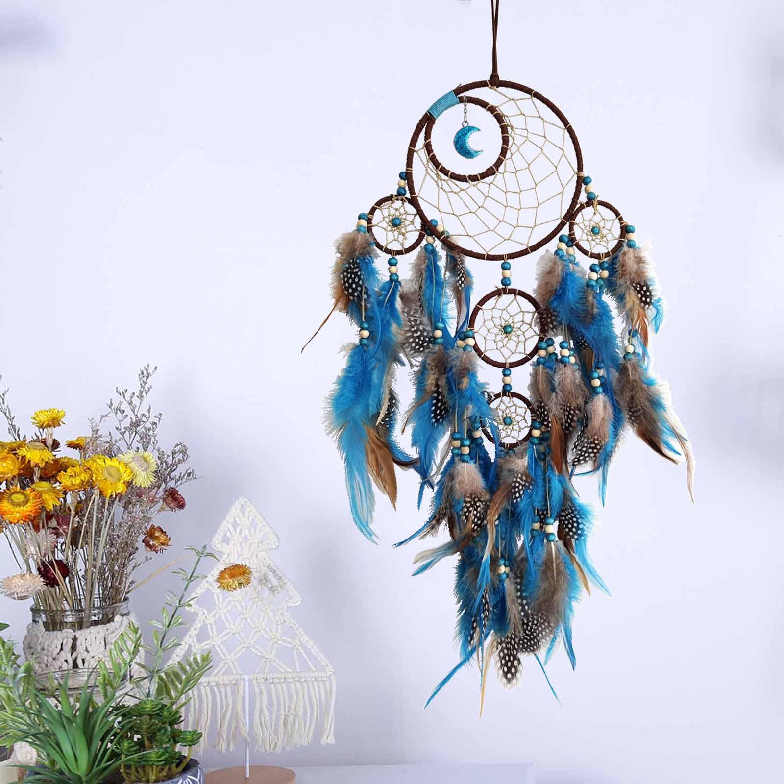 Blue Moon Dream Catchers - Handmade Native American Wall Hanging for Girls, Adults & Kids Bedroom Decor | Large Boho Dreamcatcher with Beads & Feathers | Perfect Spiritual Gift for Birthdays, Baby Showers & Home Decoration