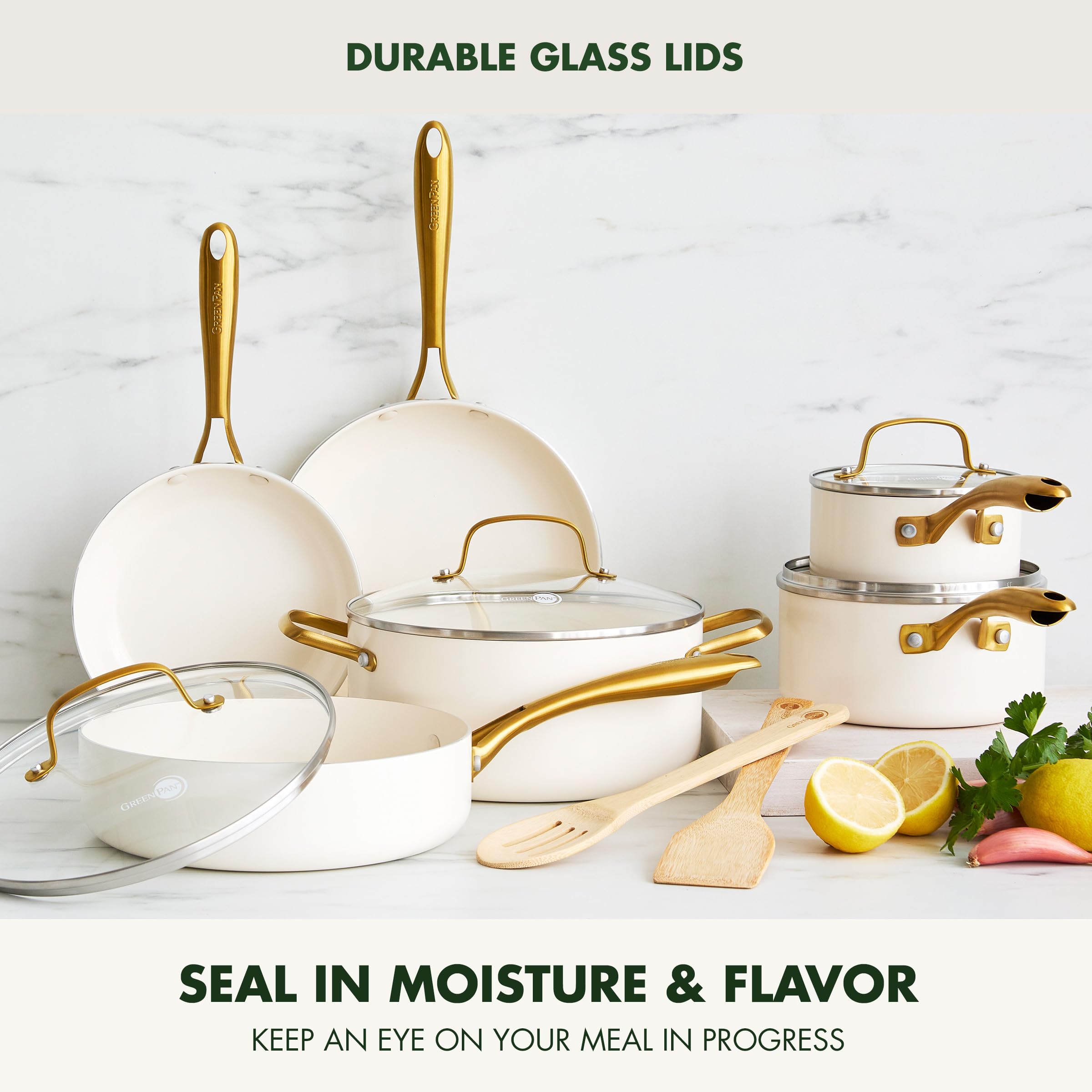 GreenPan Swift 12-Piece Nonstick Cookware Set - PFAS & PFOA-Free Ceramic Coating, Gold Stainless Steel Handles, Oven & Dishwasher Safe - Healthy Kitchen Essentials for Frying, Boiling & Baking (Cream Color)